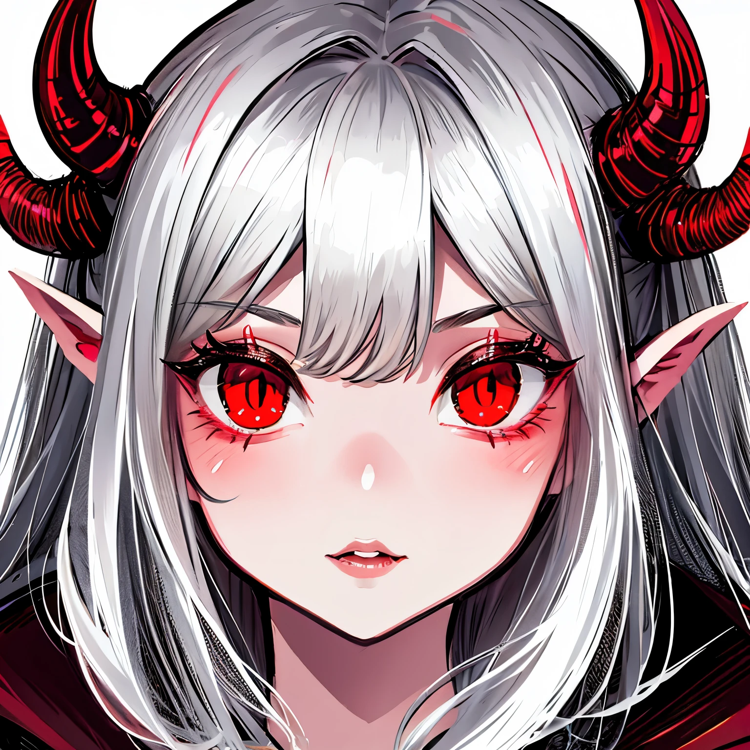 make a portrait of a devil horned girl face with red eyes in rose clean background