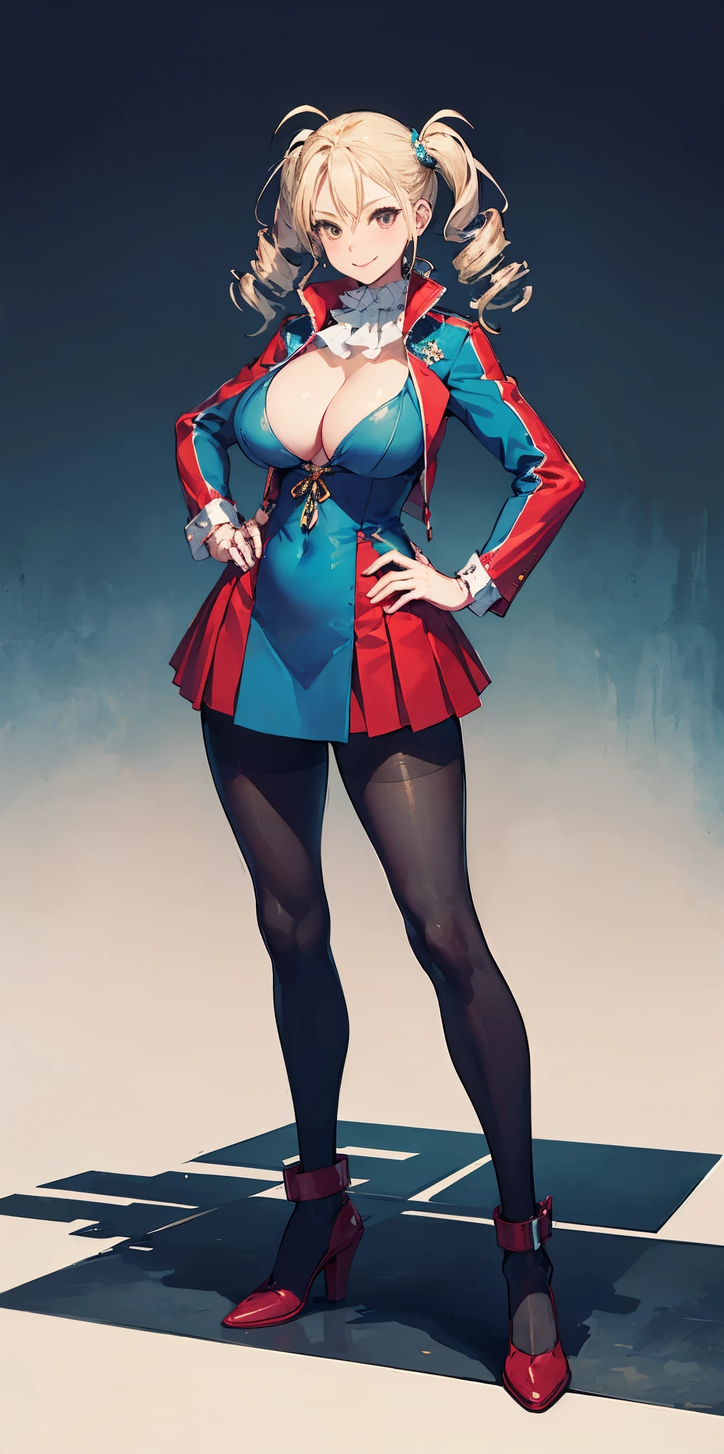 full body standing straight symmetrical, huge boob(masterpiece, best quality:1.2), cowboy shot, solo, 1MILF, mmplatz, smile, looking at viewer, hands on hips, twintails, twin drills, dress, blue pantyhose, striped pantyhose, Handcuffs on their hands, With a collar around the neck
