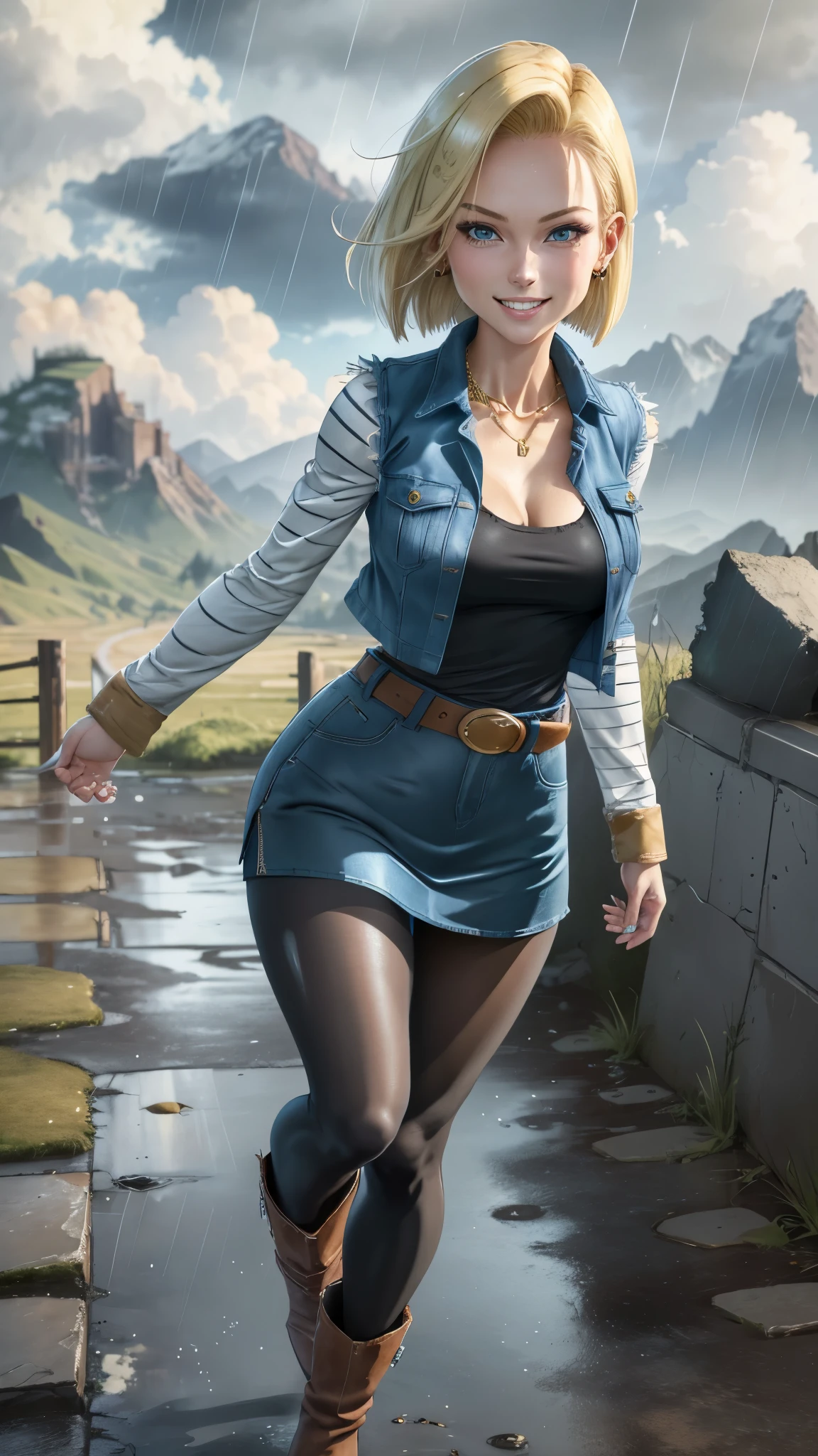 best quality, highres, and18, 1girl, android 18, solo girl, 1girl, blonde hair, blue eyes, belt, boots, tight blue demin skirt, gold_necklace, black shirt, short hair, long striped sleeves, earrings, open vest, denim vest, medium breasts, cowboy shot, mountains, straight-on, (weather: raining and windy), wet body, sexy smile, combat stance, full length pantyhose, battle ruins, wide hips, thick legs, torn clothes, closed fists,