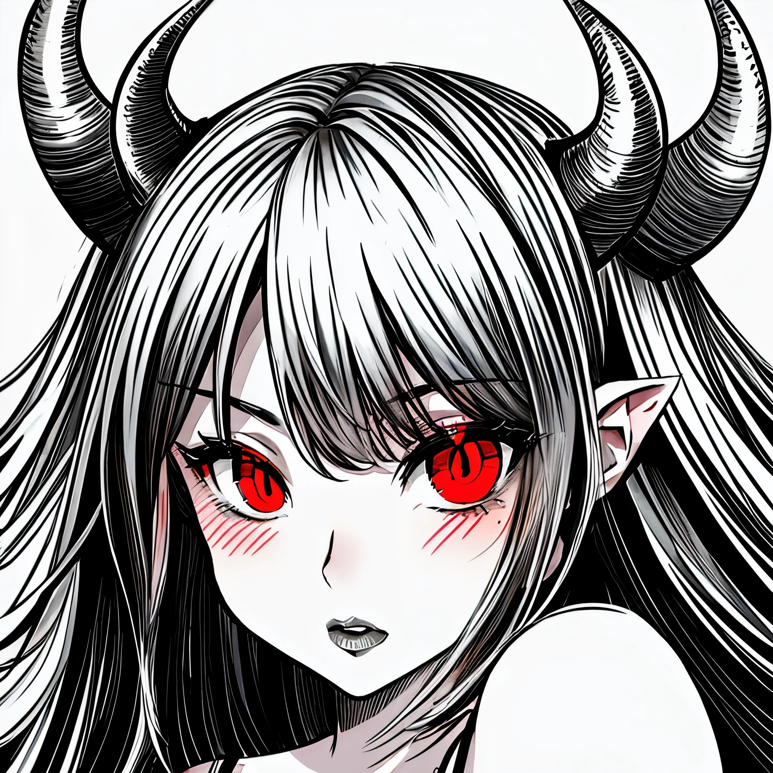 make a portrait of a devil horned girl face with red eyes in black and white colors