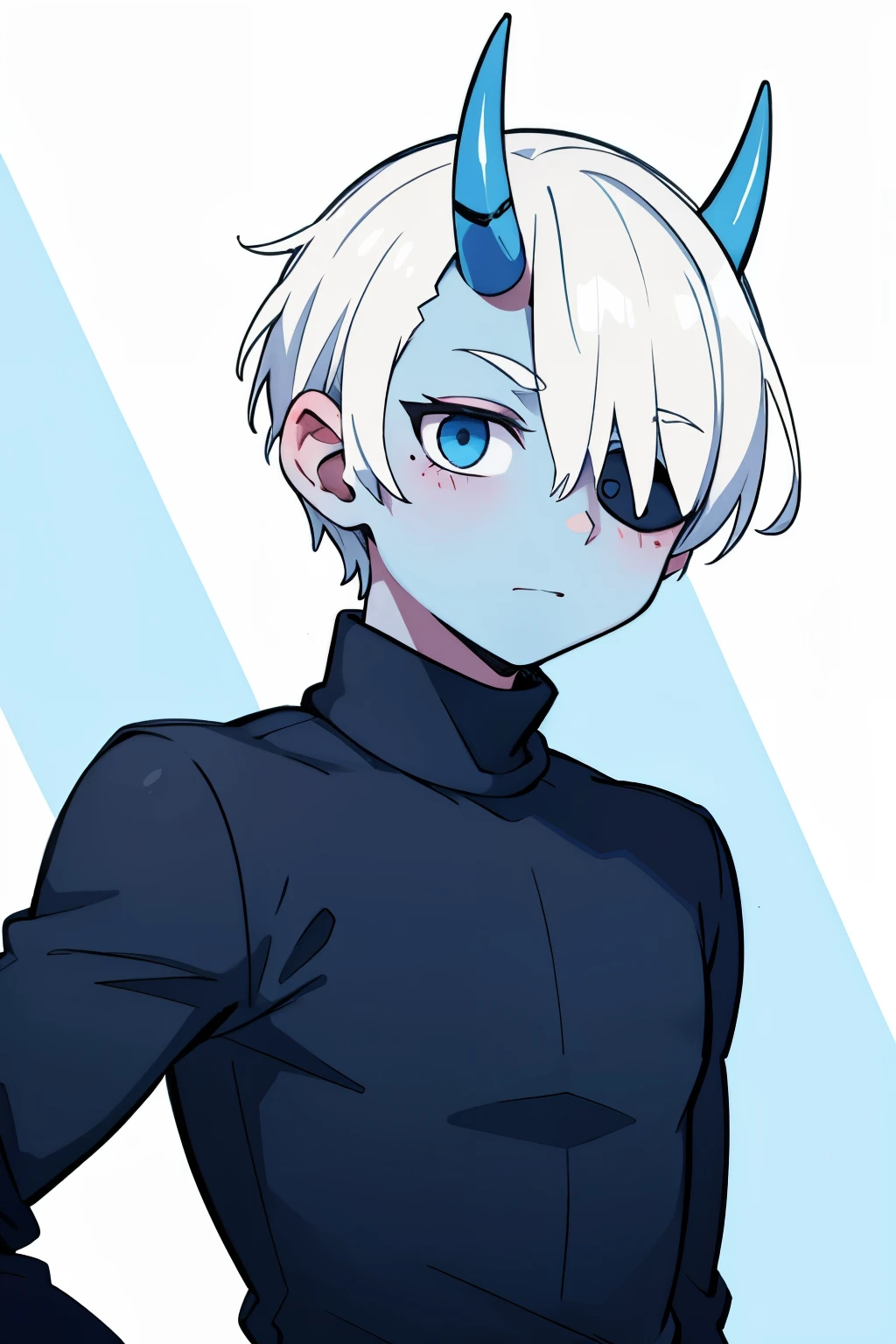 boy, adult, blue skin, White hair, shaved head, hair covers one eye, horns from the front, Blue turtleneck