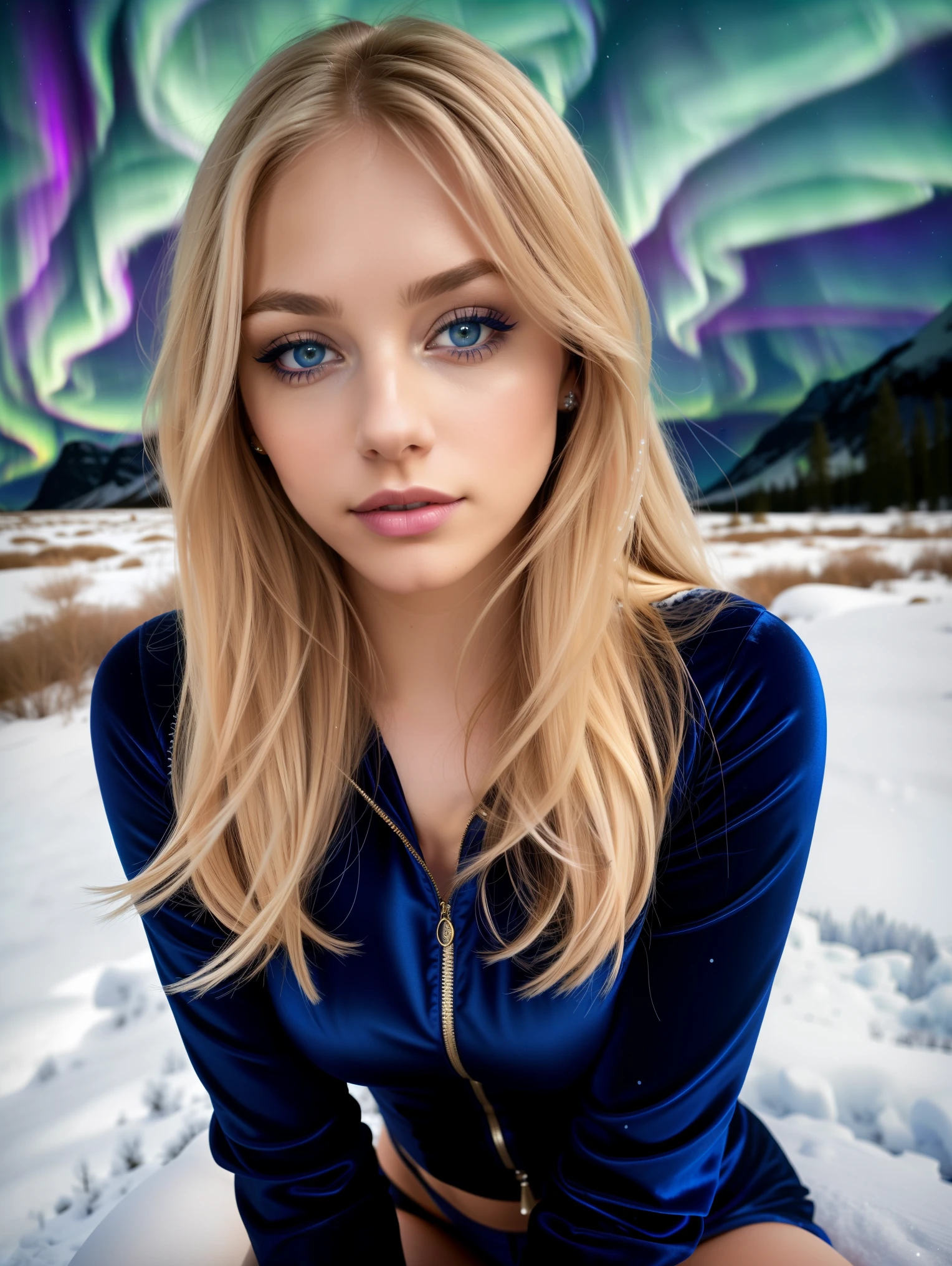 Allard woman completely , Sexy blue-eyed girl, Ultra photo realsisim, detailed meticulous, portrait sophie mudd, blonde hair and large eyes, selfie of a young woman, bedroom eyes, Violet Myers, nomake-up, Natural makeup, look straight at the camera, face with artgram, Subtle makeup, Stunning full-body shot kneeling on an indigo velvet blanket, ((she’s outside, snowy landscape, northern lights)).Large bust; ; ;Naked
