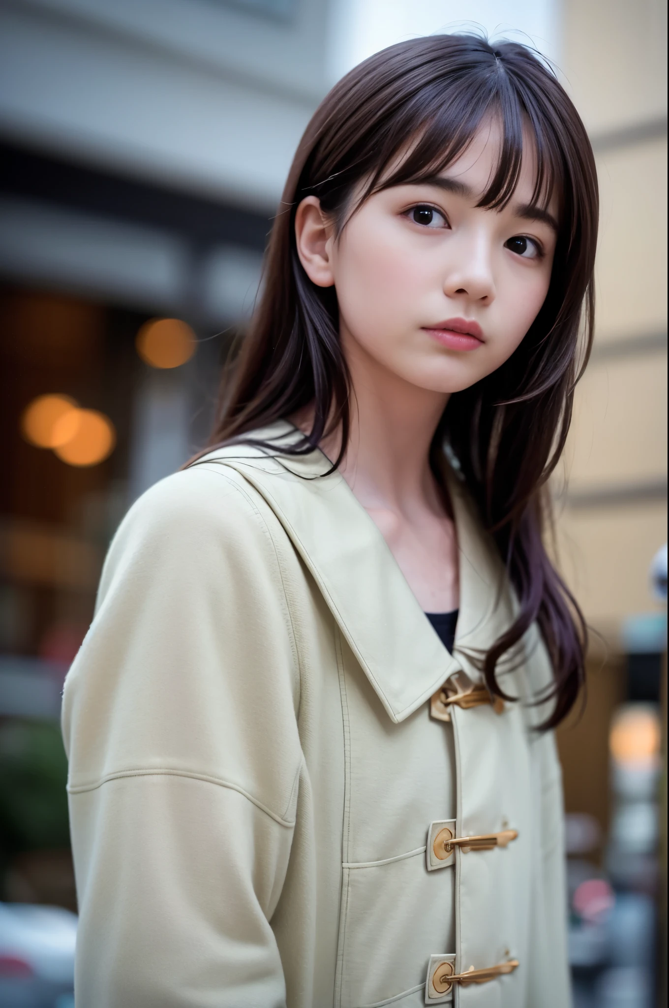  (8K, RAW photo, highest quality, masterpiece:1.3), (realistic, photo-realistic:1.4), (Highly detailed 8K wallpaper), sharp focus, Depth of written boundary,
 japanese idol,very cute, baby face,(coat:1.3),(long hair :1.3), Upper body, highly detailed face and eyes,((shiny skin:1.2)), cinematic lighting, soft light, blur background, (A city with historical landmarks, such as a castle or a cathedral)