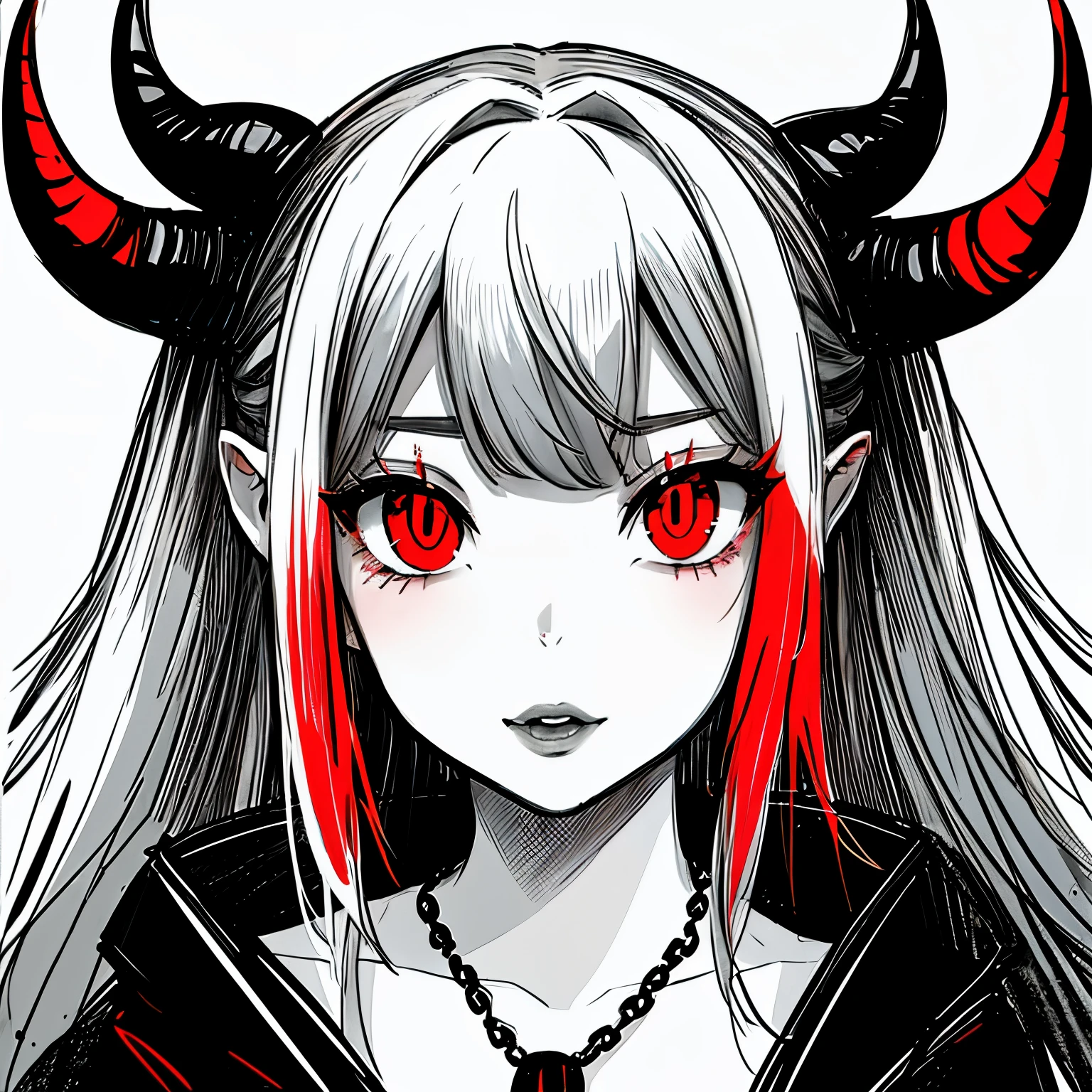 make a portrait of a devil horned girl face with red eyes in black and white colors