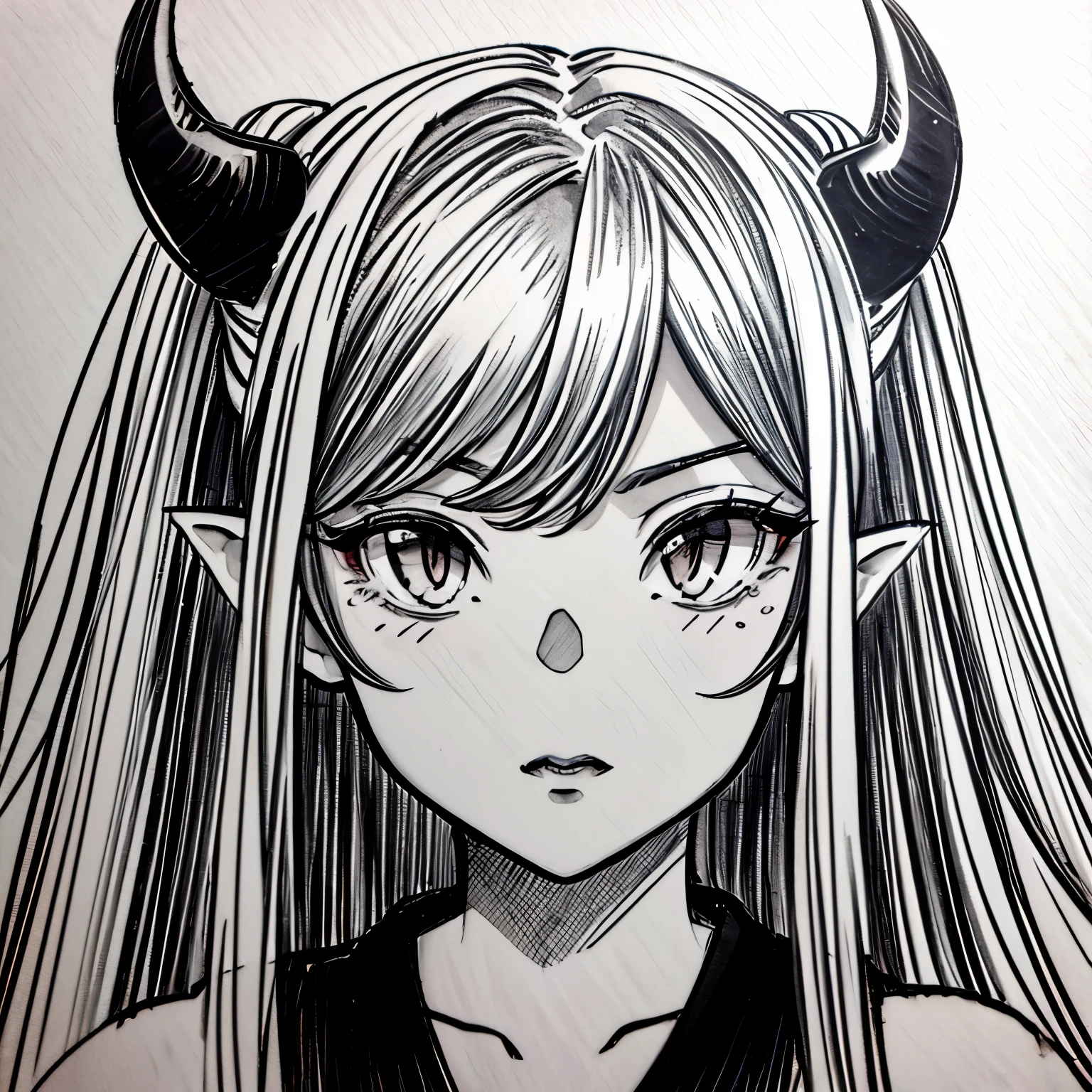 make a portrait of a devil horned girl face in black and white colors