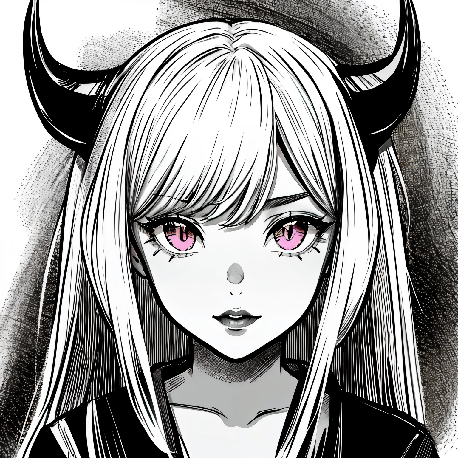 make a portrait of a devil horned girl face in black and white colors