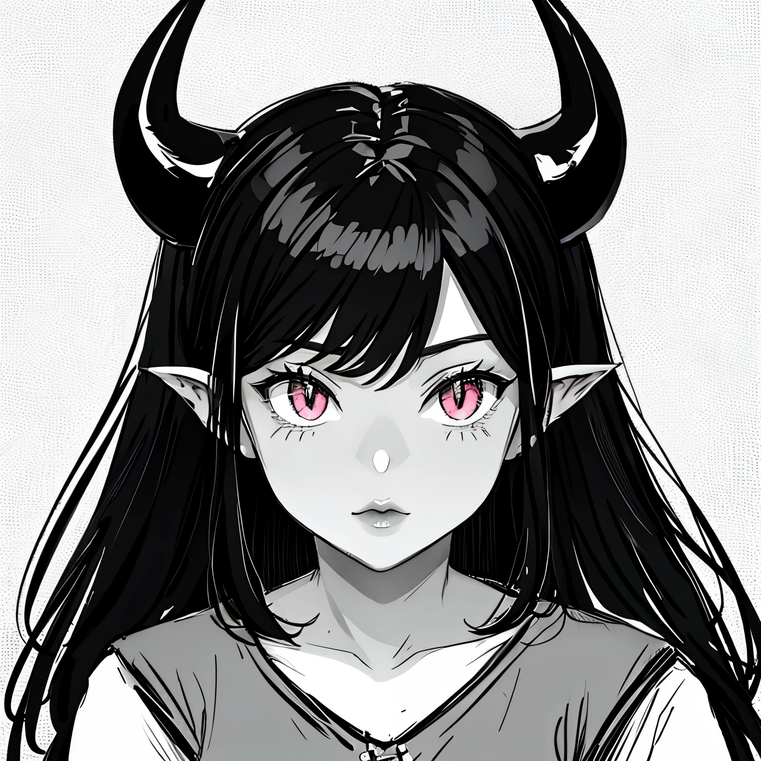 make a portrait of a devil horned girl face in black and white colors