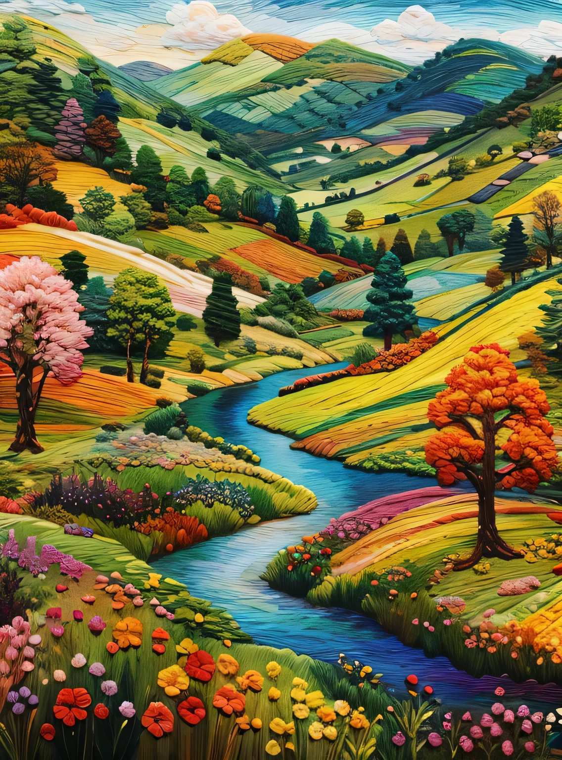 Paisagem bordada em muitas cores