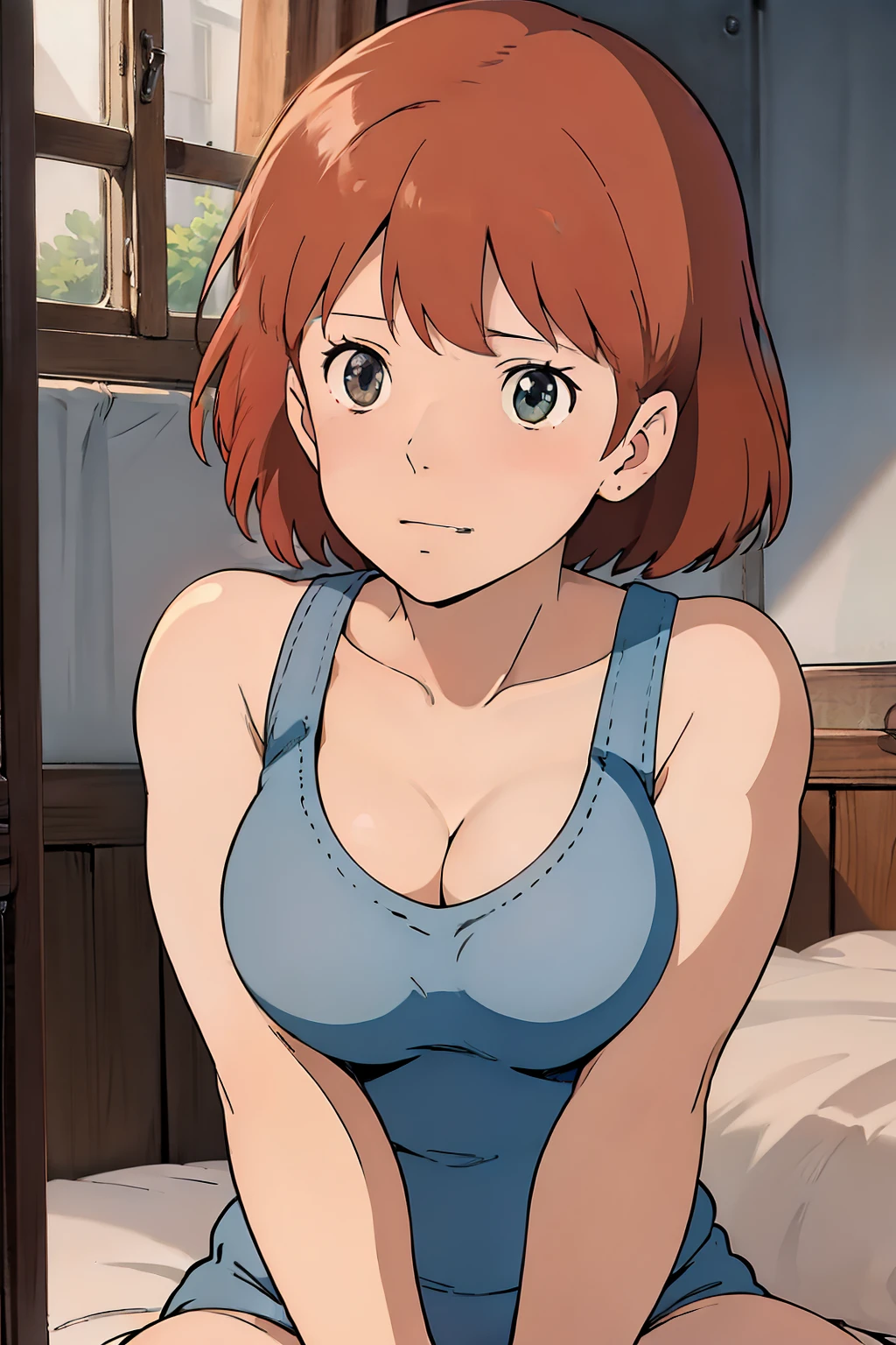 Nausicaa, 1girl, solo, cute, blush, slim, brown hair, (looking at away, cleavage), cowboy shot, huge breasts, (white tanktop:1.5), sit, bed, (perfect detailed anatomy, beautiful face&eyes, beautiful skin, perfect body)