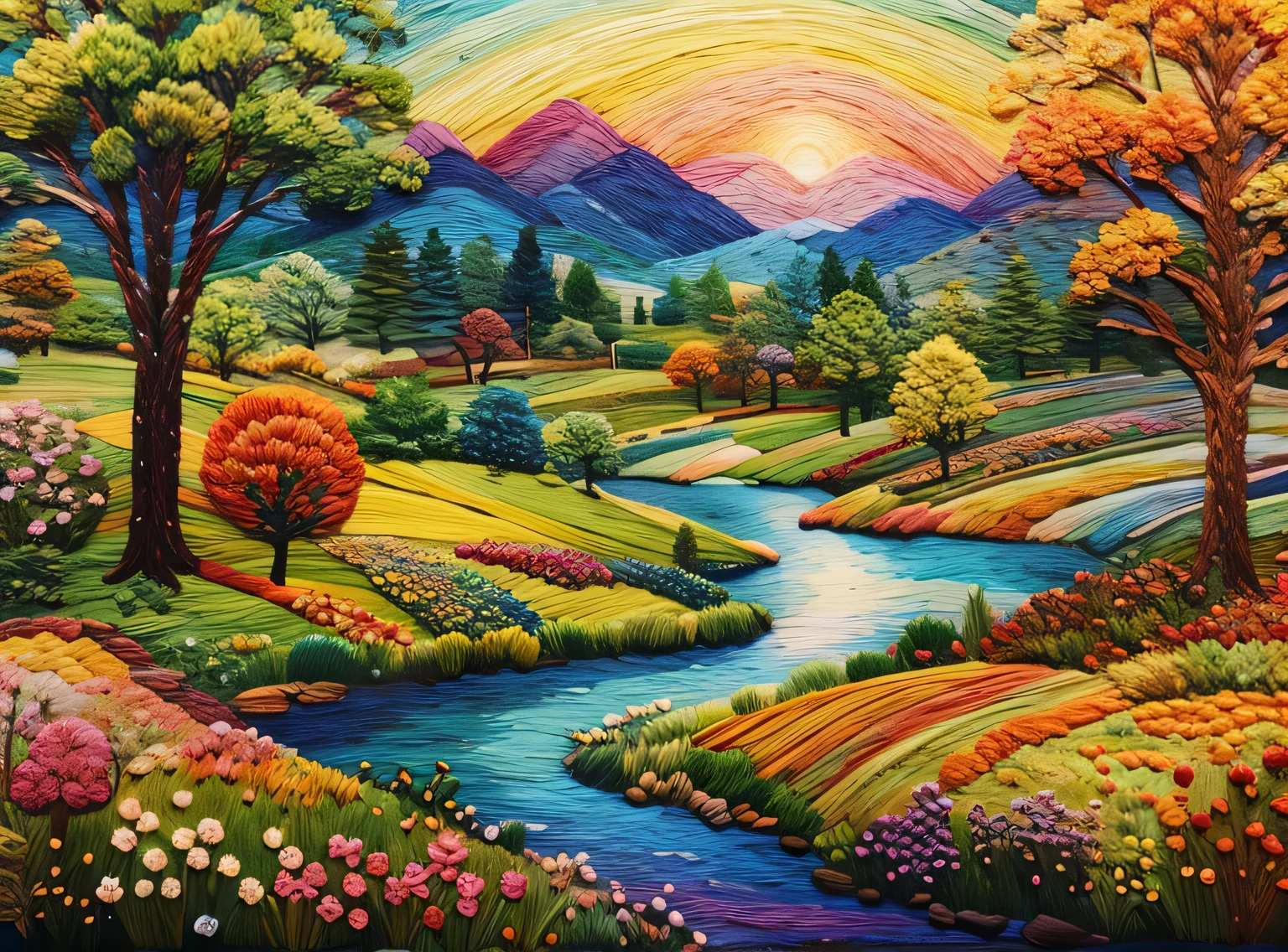 Paisagem bordada em muitas cores