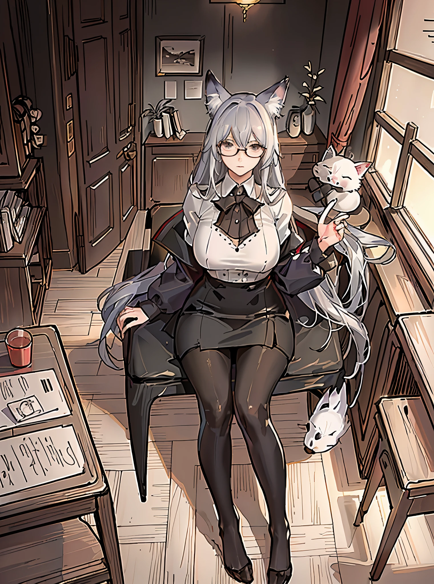 The clothes have rich details, the suit is correctly shaped, the smooth lines, the correct light and shadow, the colors are rich, the chiaroscuro contrasts, the hands are placed on the plastic table, the glass of red wine on the table, the hands are rich in light and dark details, Tired Kitsune president, Gray fox ears, gray fox tail, gray hair, pencil skirt, pantyhose, suit, black frame glasses, chubby