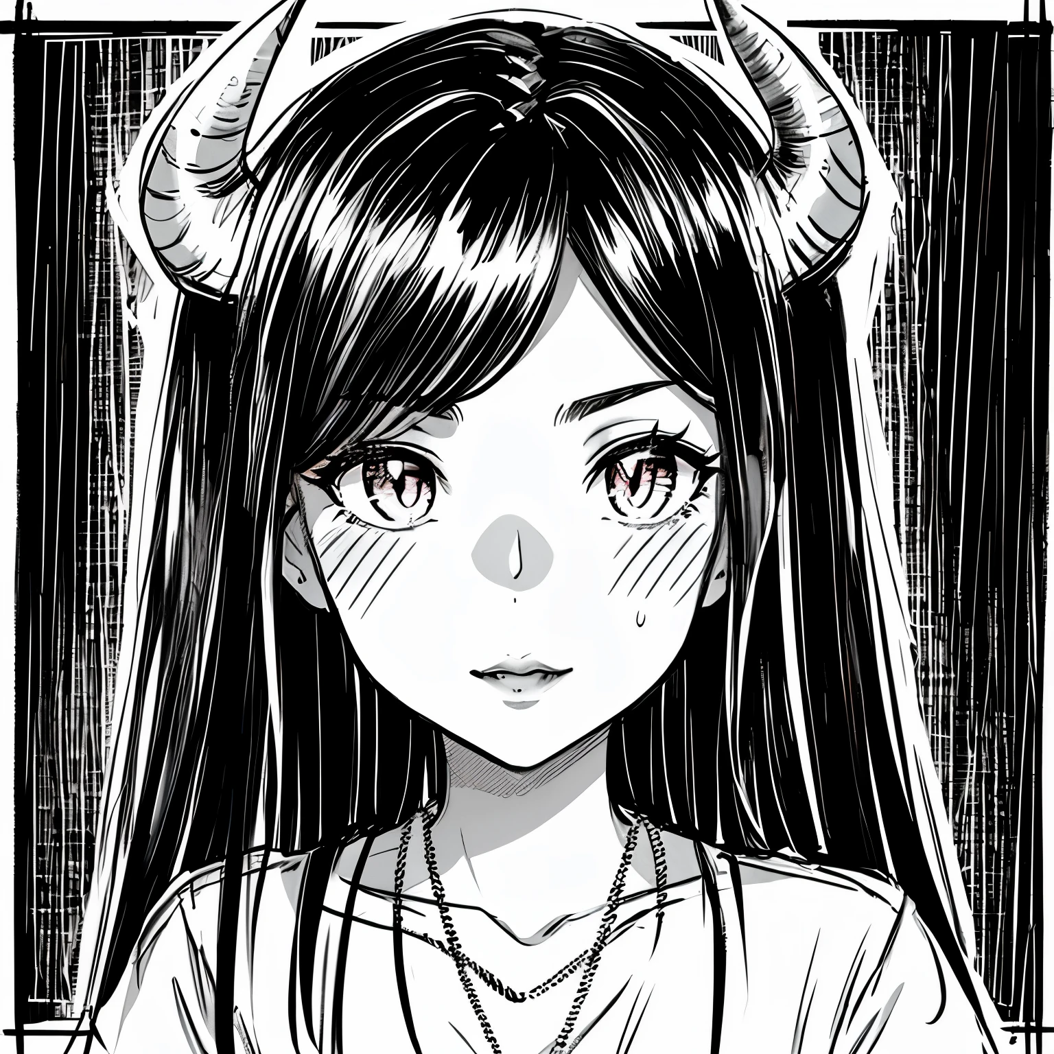 make a portrait of a devil horned girl face in the rain with black and white colors