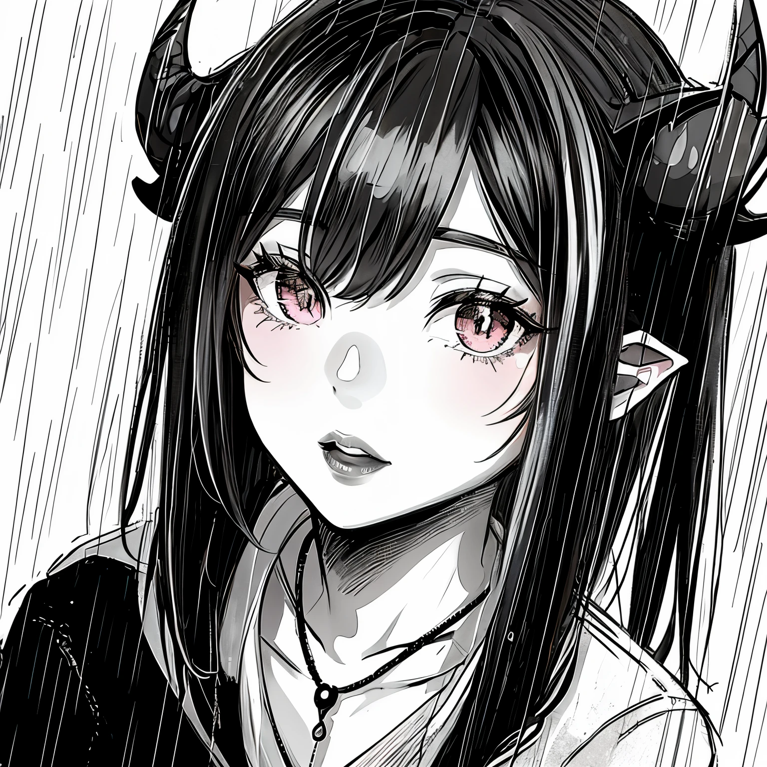 make a portrait of a devil horned girl face in the rain with black and white colors