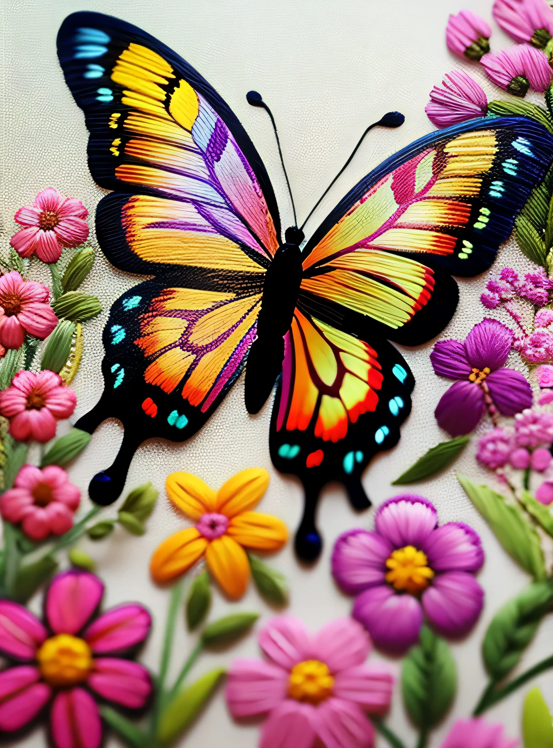 Bordado borboleta e flores em muitas cores