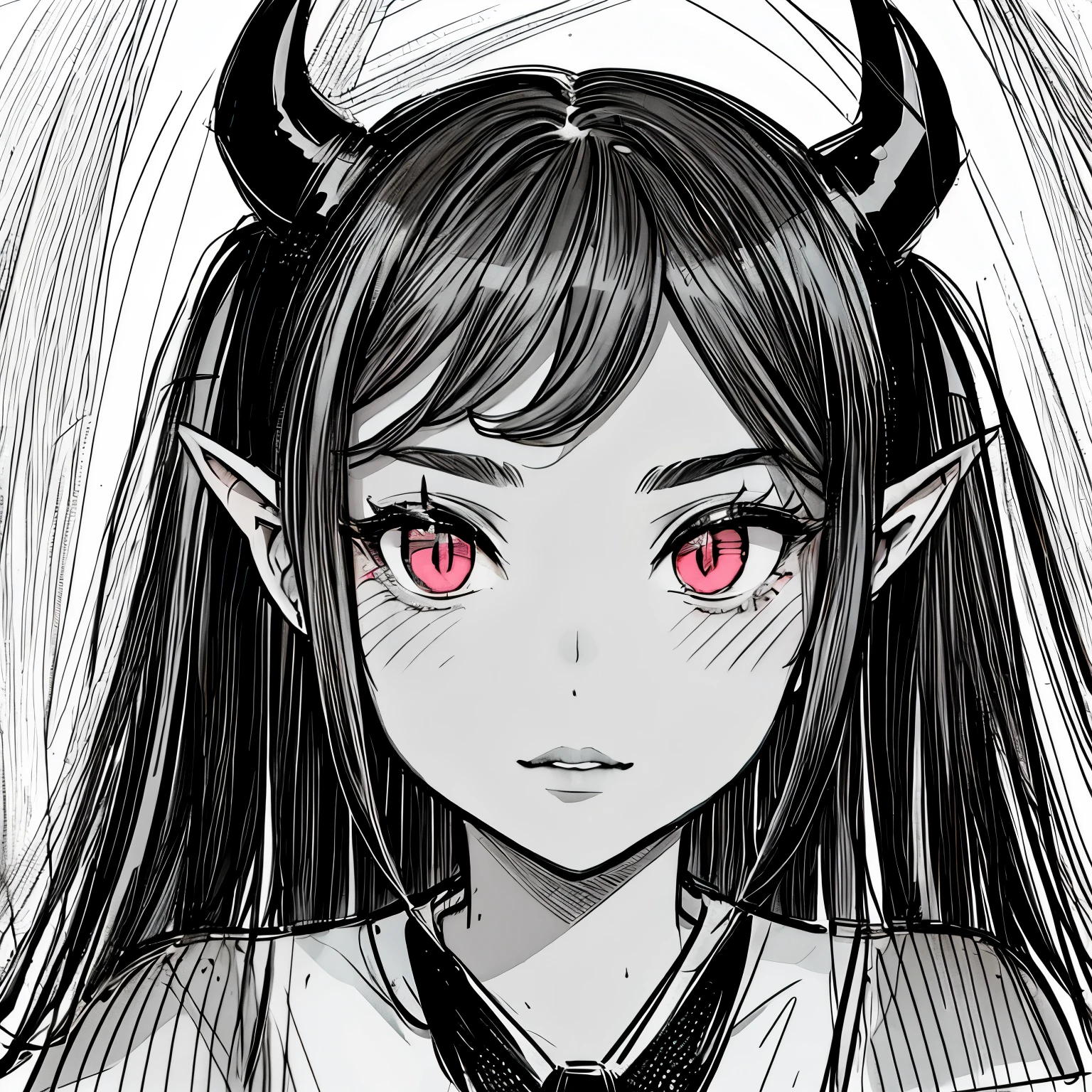 make a portrait of a devil horned girl face in the rain with black and white colors