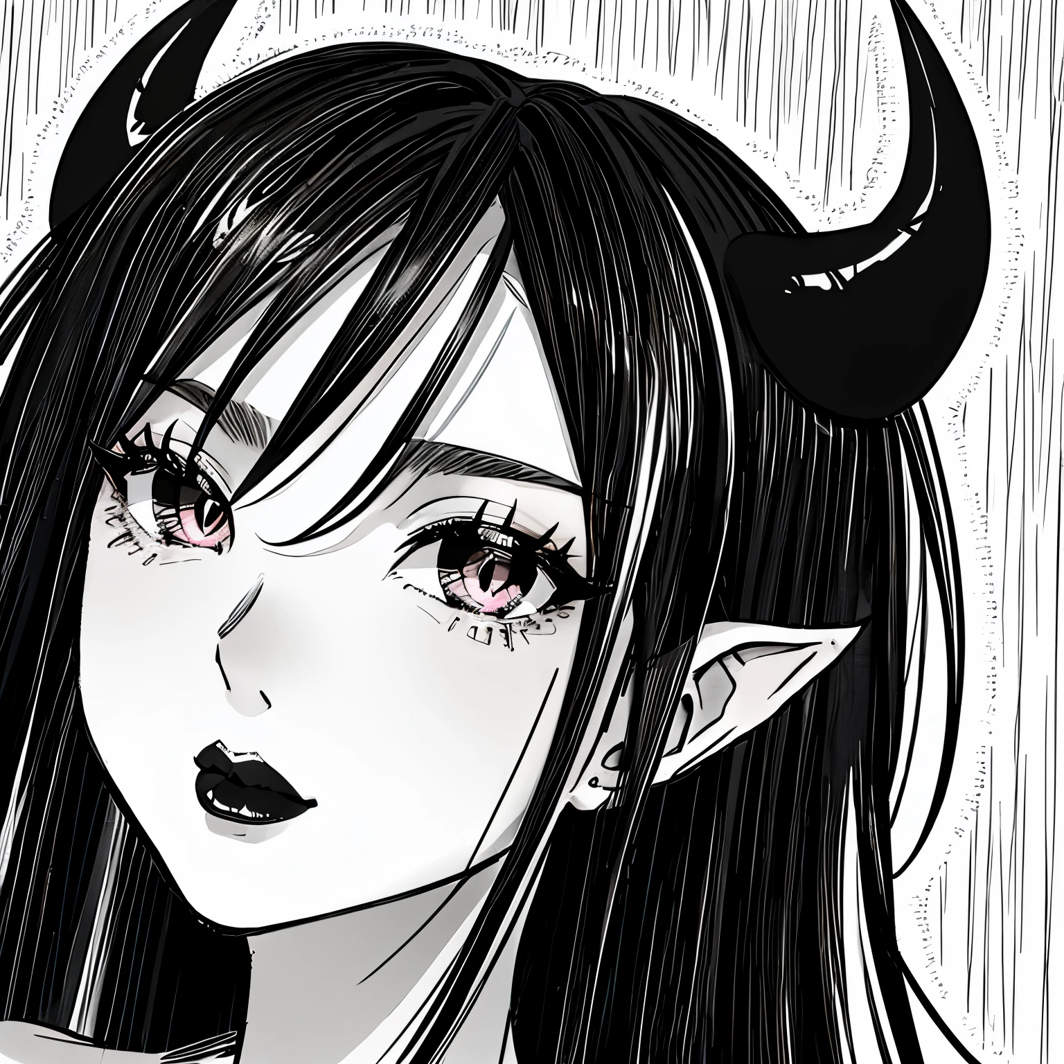 make a portrait of a devil horned girl face in the rain with black and white colors
