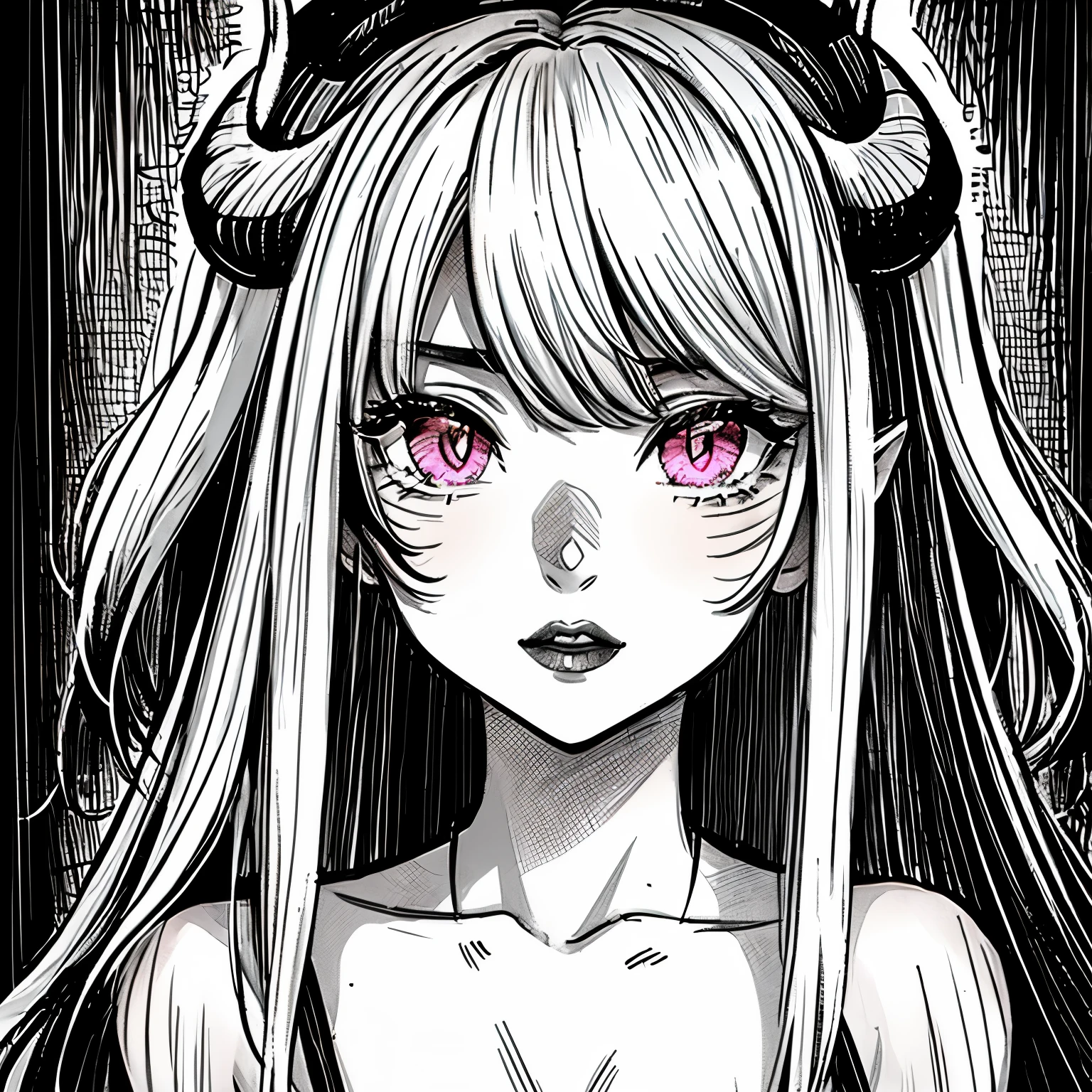 make a portrait of a devil horned girl face in the rain with black and white colors