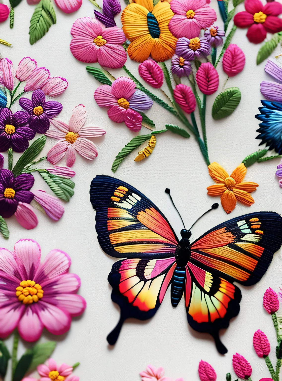 Bordado borboleta e flores em muitas cores