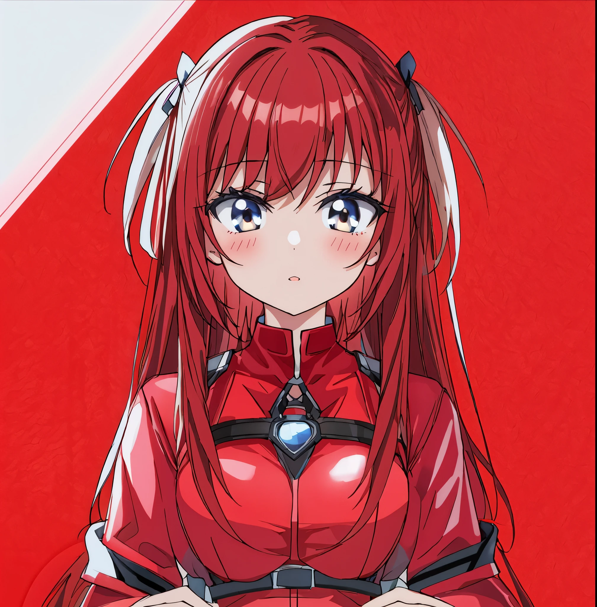 1girl, Kurisu Makise, Genki, Energetic and Playful, close-up, masterpiece, best quality, basic waifu, superultra detailed, no scenery, blank background, black background, basic waifu illustration, red color theme, bunbuns hair