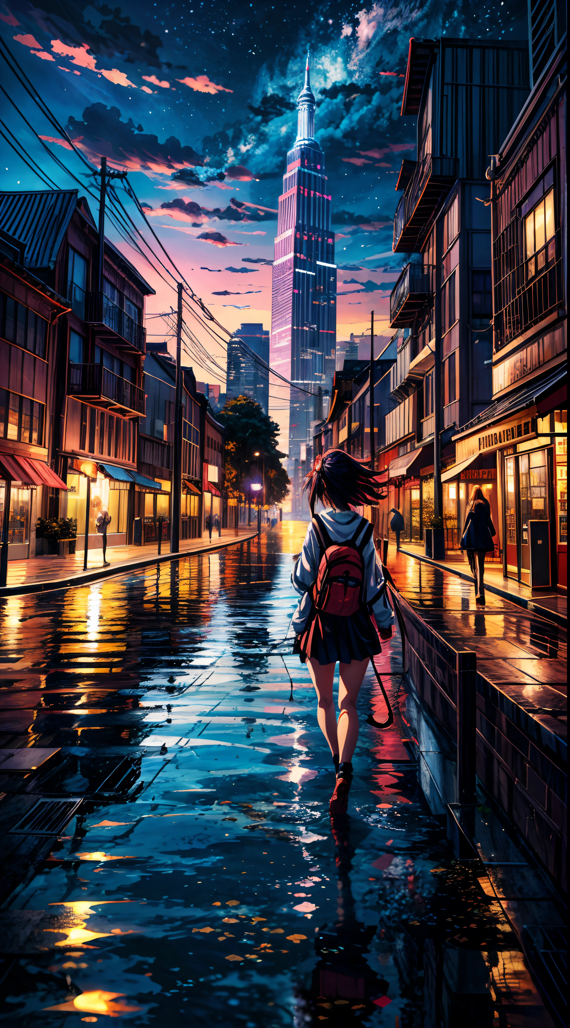  do anime olhando para a paisagem da cidade grande de uma altura,City of the Near Future、 makoto shinkai cyril rolando, Papel de parede de arte anime 4k, Papel de parede de arte anime 4k, Papel de parede de arte anime 8k, inspirado em Cirilo Rolando, No estilo Dan Mumford obra de arte, amazing wallpapers, por Yuumei