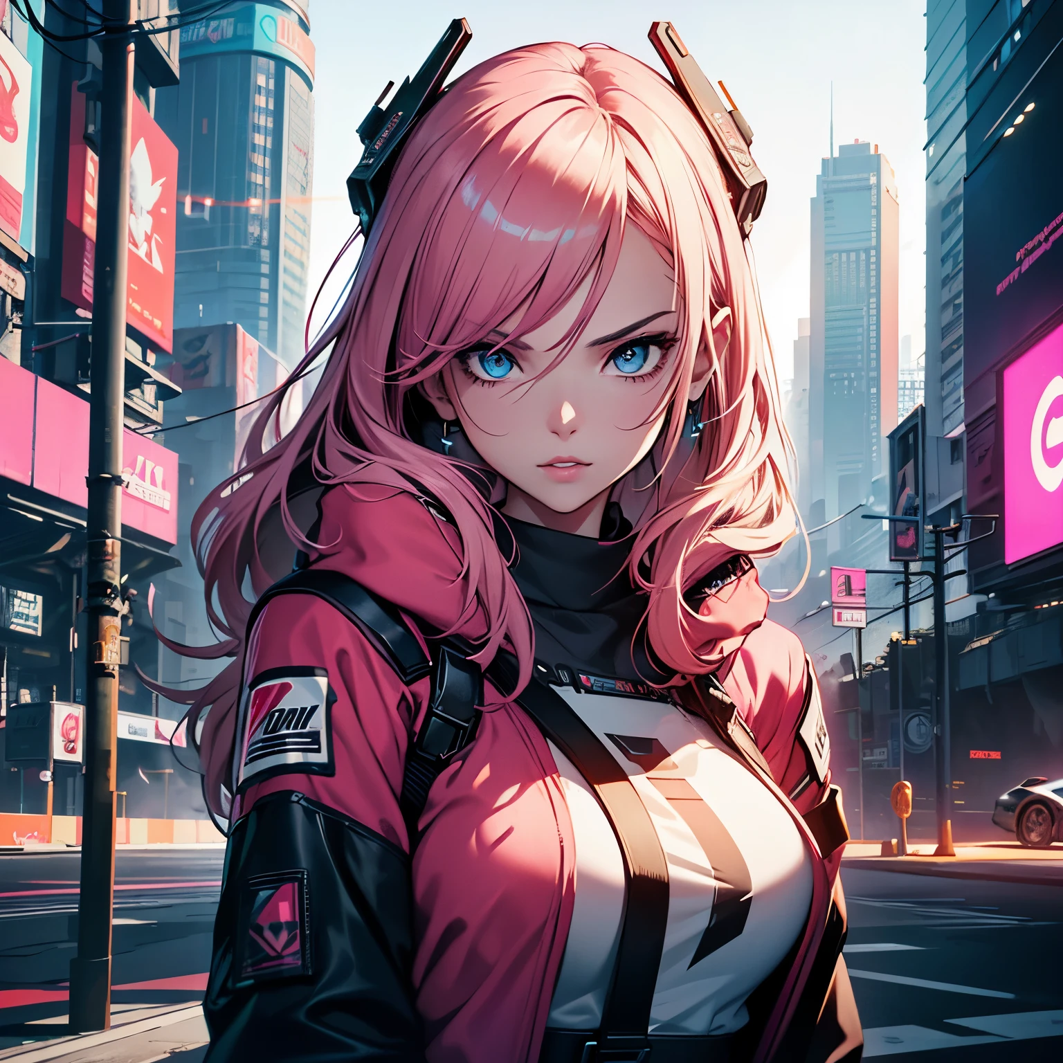 High angle photo of gorgeous young woman in cyberpunk style, realistic skin texture, look up,Pink sweatshirt,Pose for a car, 1 / 2 body crop, 8 5mm art lens, f1. 2, sharp focus, 8K high resolution, Extremely detailed, Complex, elegant, Art by Stanley Lau and Cyberpunk