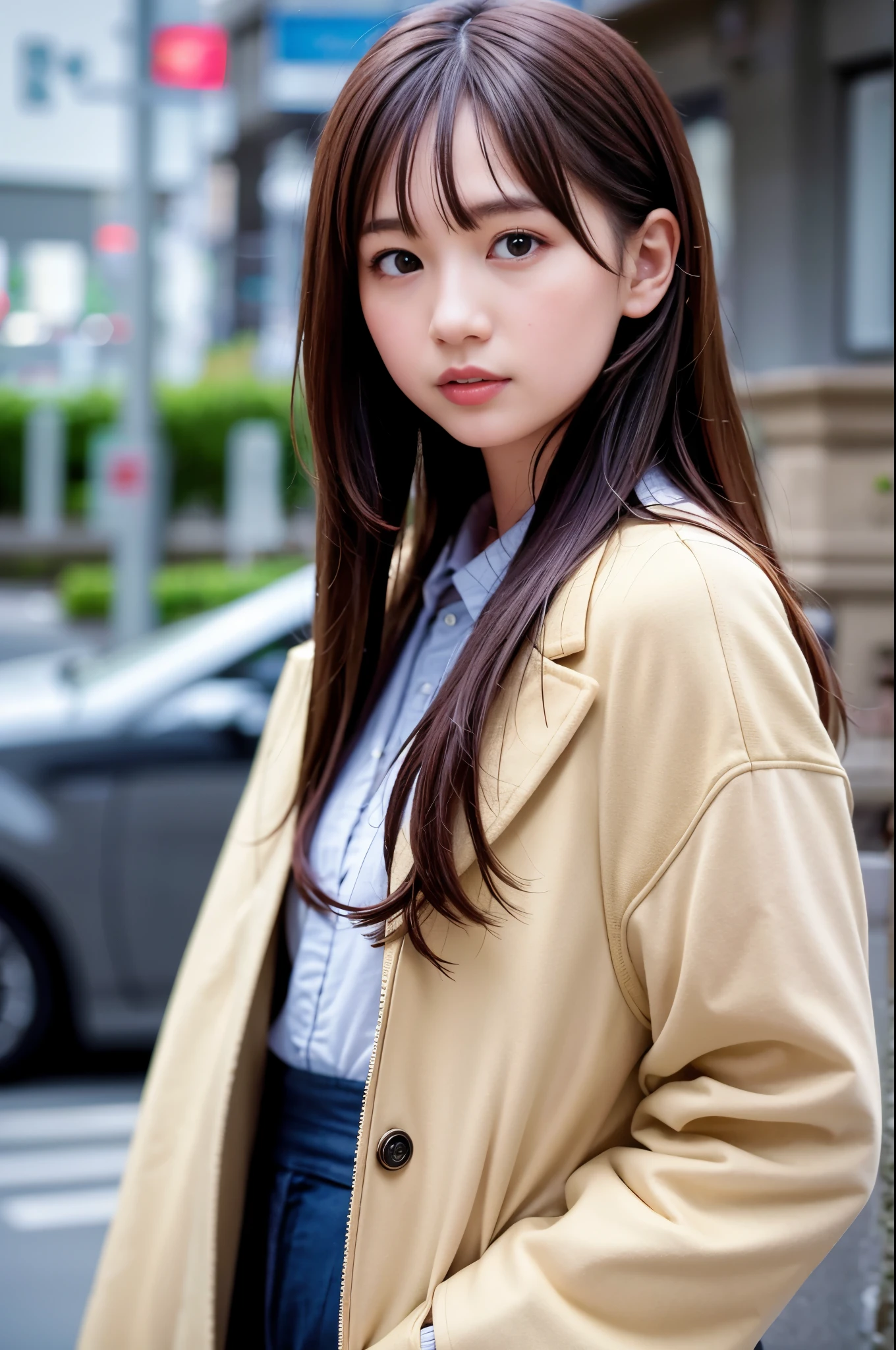 (8K, RAW photo, highest quality, masterpiece:1.3), (realistic, photo-realistic:1.4), (Highly detailed 8K wallpaper), sharp focus, Depth of written boundary,
 japanese idol,very cute, baby face,(coat:1.3),(long hair :1.3), Upper body, highly detailed face and eyes,((shiny skin:1.2)), cinematic lighting, soft light, blur background, (A city with historical landmarks, such as a castle or a cathedral)