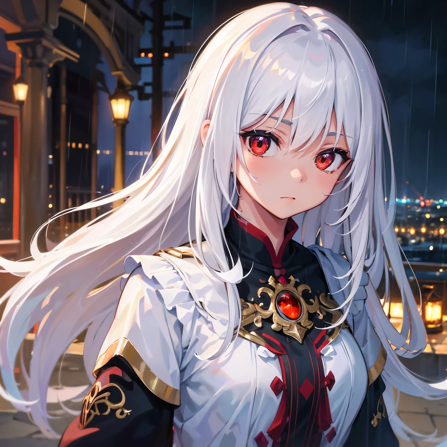 masterpiece, highest quality, very detailed, cinematic lightning, intricate details, High resolution, official art, Beautiful detailed face and eyes, High resolutionのイラスト, 8K, Depth of bounds written, Bokeh, alone, 1 girl, girl with white hair and red eyes, long white hair, beautiful red eyes, beautiful scenery, rainy city, Upper body, looking at the viewer, close