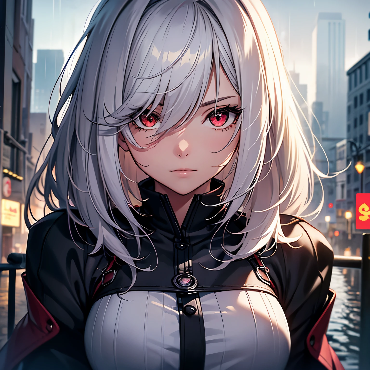 masterpiece, highest quality, very detailed, cinematic lightning, intricate details, High resolution, official art, Beautiful detailed face and eyes, High resolutionのイラスト, 8K, Depth of bounds written, Bokeh, alone, 1 girl, girl with white hair and red eyes, long white hair, beautiful red eyes, beautiful scenery, rainy city, Upper body, looking at the viewer, close