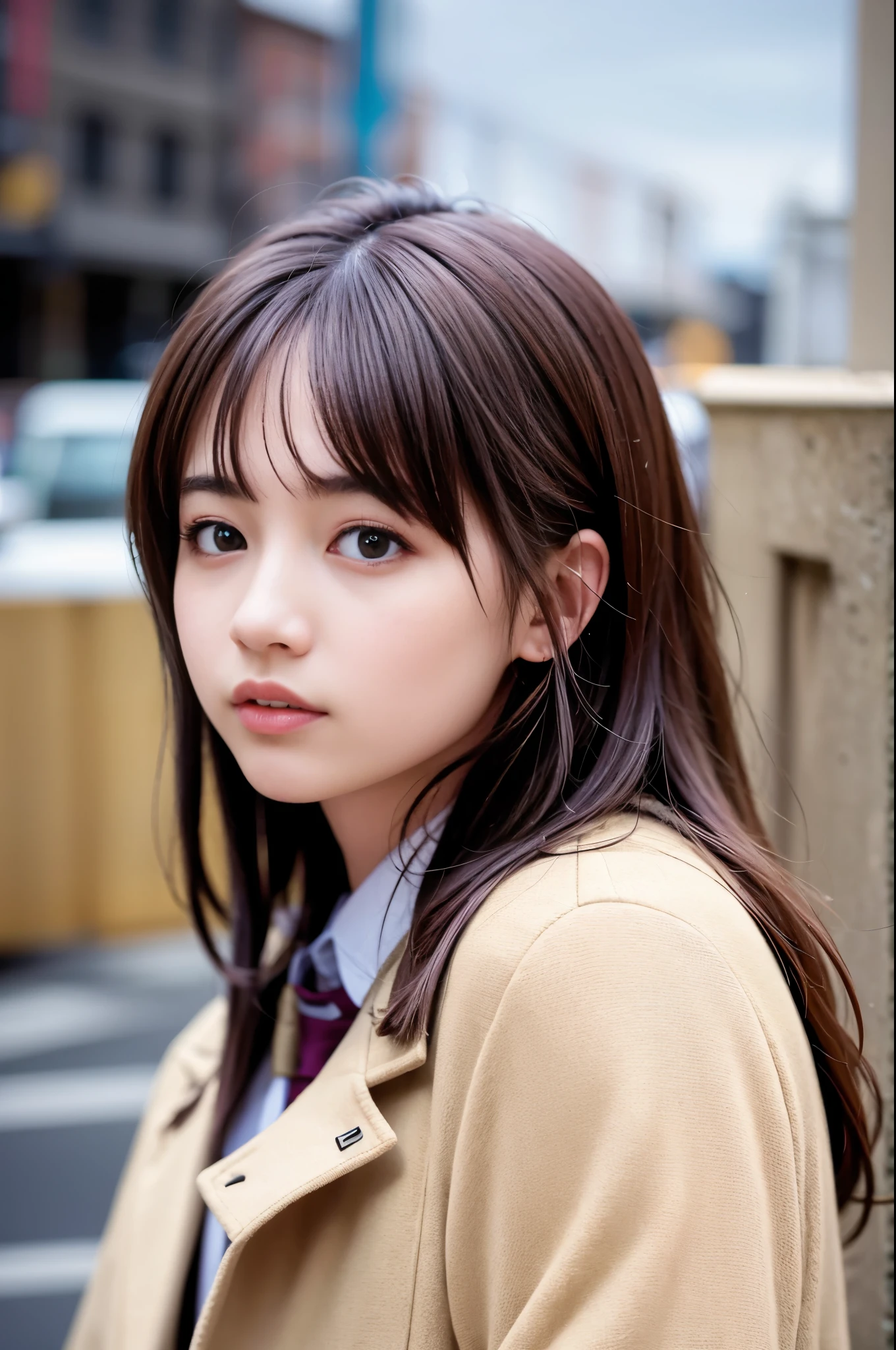 (8K, RAW photo, highest quality, masterpiece:1.3), (realistic, photo-realistic:1.4), (Highly detailed 8K wallpaper), sharp focus, Depth of written boundary,
japanese idol,very cute, baby face,(coat:1.3),(long hair :1.3), Upper body, highly detailed face and eyes,((shiny skin:1.2)), cinematic lighting, soft light, blur background, (A city with historical landmarks, such as a castle or a cathedral)