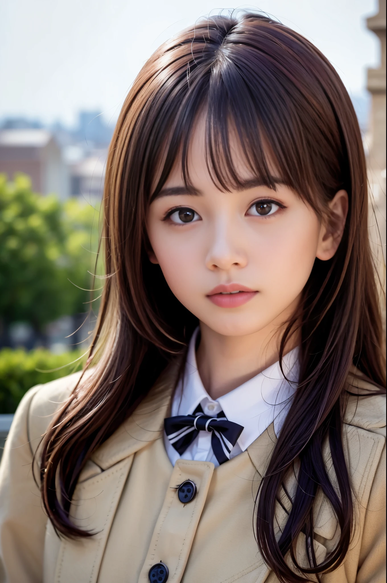 (8K, RAW photo, highest quality, masterpiece:1.3), (realistic, photo-realistic:1.4), (Highly detailed 8K wallpaper), sharp focus, Depth of written boundary,
japanese idol,very cute, baby face,(coat:1.3),(long hair :1.3), Upper body, highly detailed face and eyes,((shiny skin:1.2)), cinematic lighting, soft light, blur background, (A city with historical landmarks, such as a castle or a cathedral)