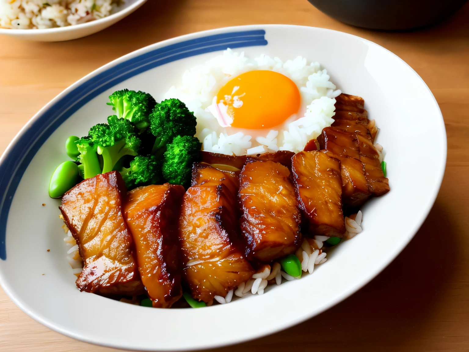 Dog on the side, animation, high quality, high resolution, rice bowl, fried egg, braised pork, diced radish, beans, rice, broccoli