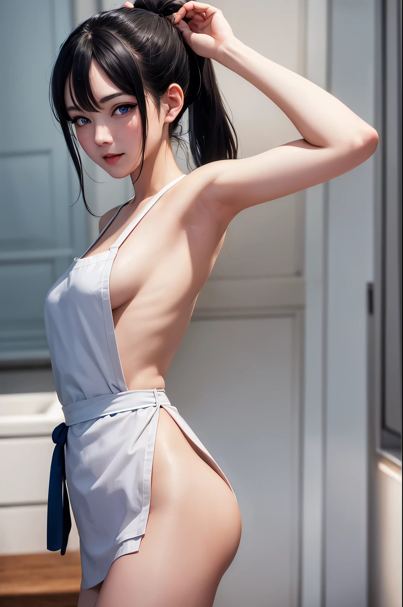 masterpiece, best quality, illustration, cute woman, black hair, blue eyes, ponytail, nude apron, white apron, small breast, side boob, symmetric face, embarrassed , from side