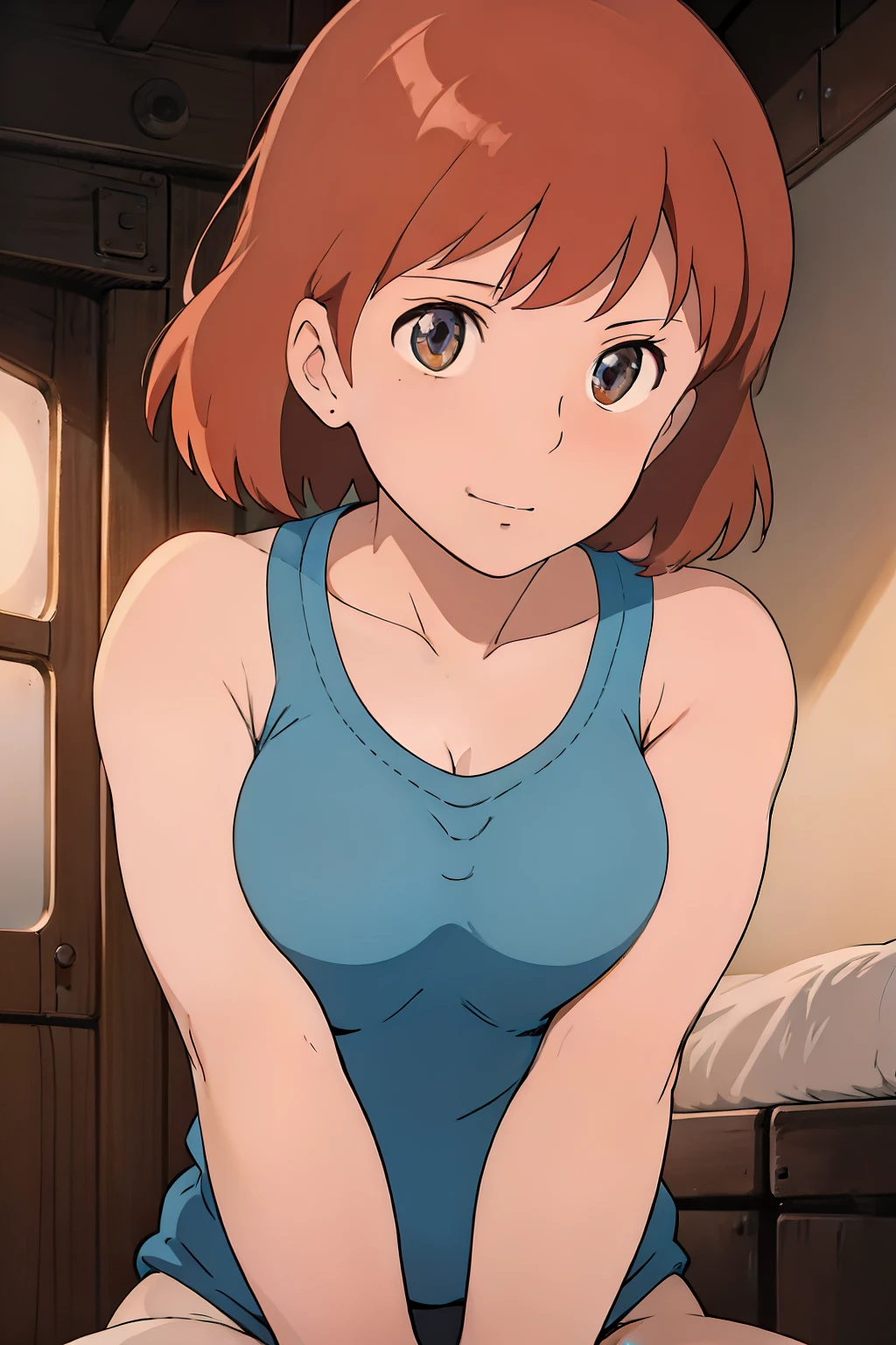 Nausicaa, 1girl, solo, cute, blush, slim, brown hair, (looking at away, cleavage), cowboy shot, huge breasts, (white tanktop:1.5), sit, bed, (perfect detailed anatomy, beautiful face&eyes, beautiful skin, perfect body)