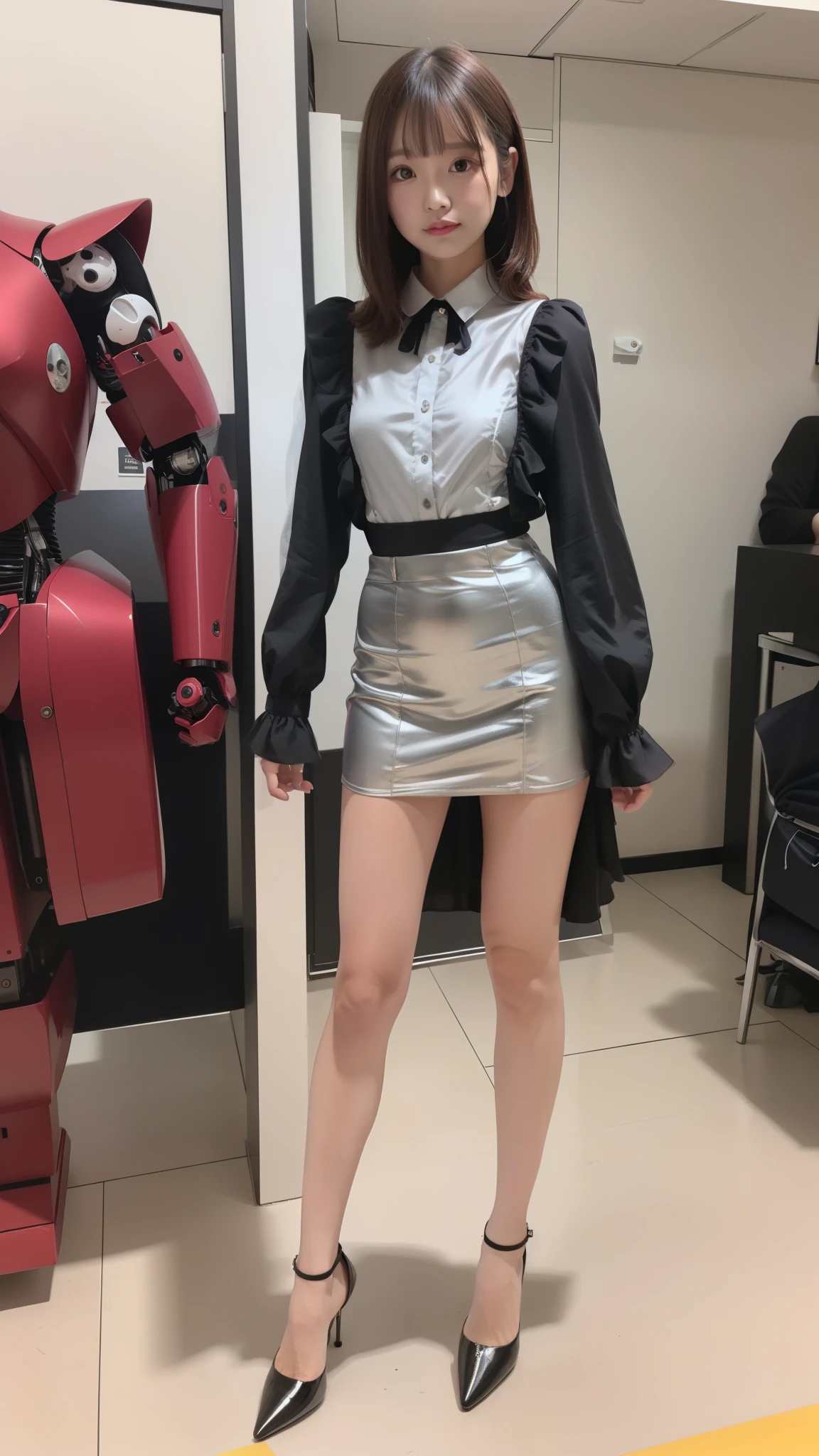 Silver satin ruffled blouse, black skirt, robot