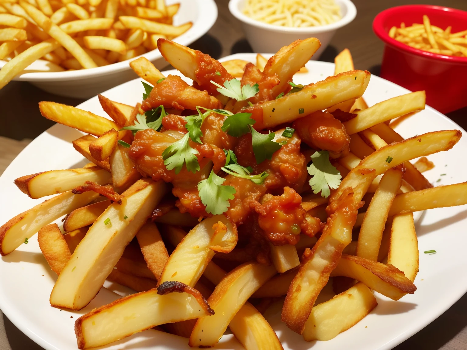 Aravi fries and dips on a table with other food, french fries on the side, french corners, roll fries, serving fries, fries, served with fries, best fries, fries, fries, cover with cheese, inspired by Pia fries, crispy and sharp, crisp and clean shape, crisp details, atmosphere of french fries pattern, french fries as arms, crispy and clear, by Dietmar Damerau