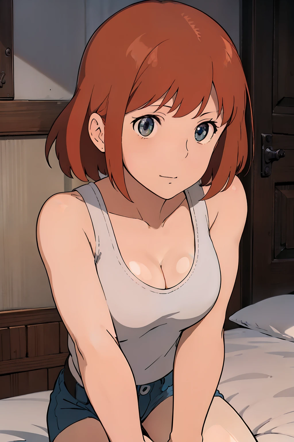 Nausicaa, 1girl, solo, cute, blush, slim, brown hair, (looking at viewer, cleavage), bent over, cowboy shot, huge breasts, (white tanktop:1.5), sit, bed, (perfect detailed anatomy, beautiful face&eyes, beautiful skin, perfect body)