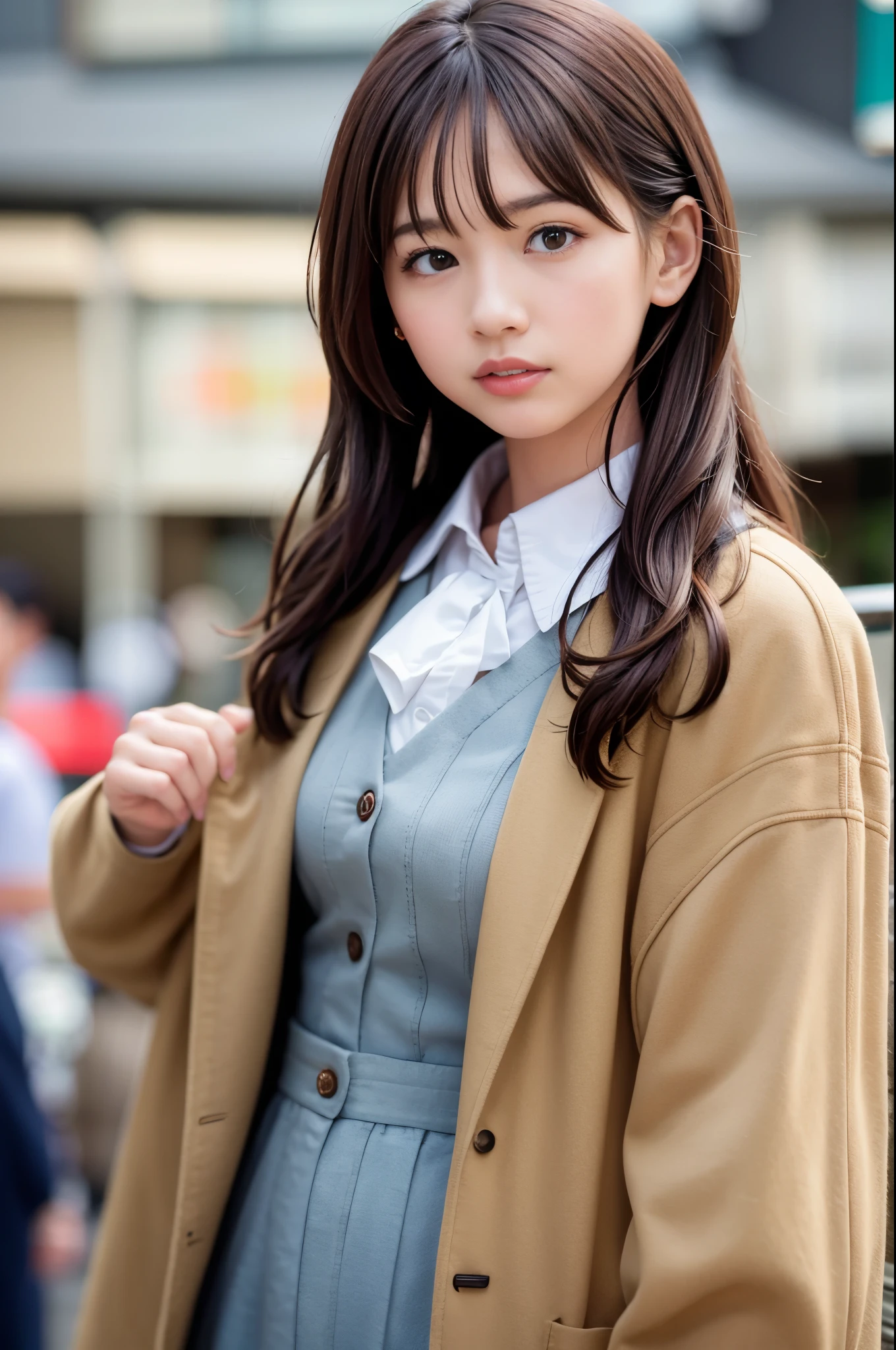 (8K, RAW photo, highest quality, masterpiece:1.3), (realistic, photo-realistic:1.4), (Highly detailed 8K wallpaper), sharp focus, Depth of written boundary,
japanese idol,very cute, ,(coat:1.3),(long hair :1.3), Upper body, highly detailed face and eyes,((shiny skin:1.2)), cinematic lighting, soft light, blur background, (A city with historical landmarks, such as a castle or a cathedral)