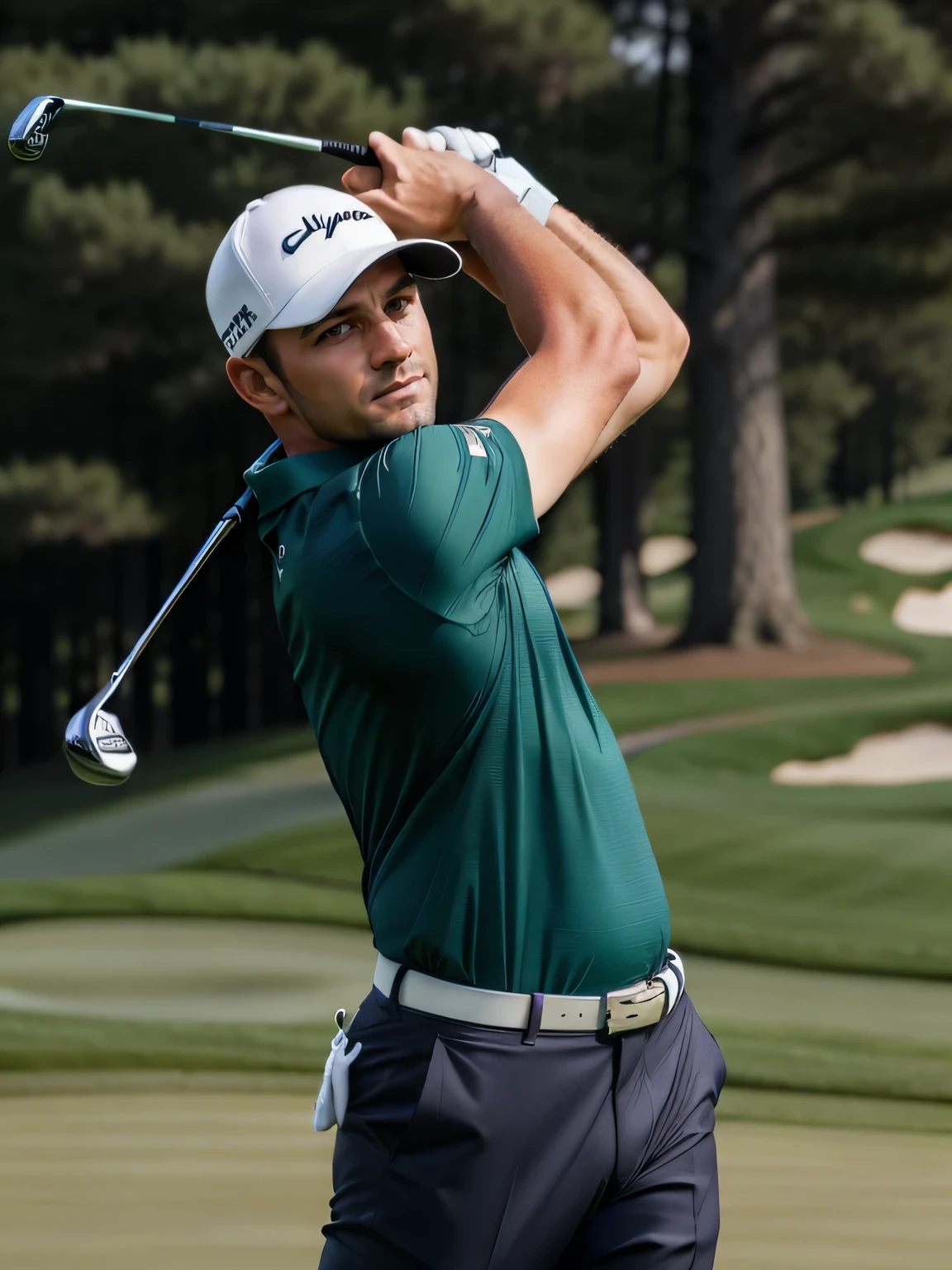 Create a scene featuring a handsome golfer who exudes photorealistic cinematic appeal., con detalles impecables. Describe his athletic build., chiseled features, y comportamiento confiado mientras se encuentra en la exuberante calle verde. Capture the sunlight shining on his perfectly styled hair and the subtle flex of muscles beneath his stylish golf attire.. Enfatice el intenso enfoque en sus ojos penetrantes mientras se prepara para ejecutar un swing impecable., el viento susurra suavemente la tela de su ropa. Paint the scene with vivid realism., destacando cada matiz de su postura elegante y la pura gracia de su destreza en el golf.."