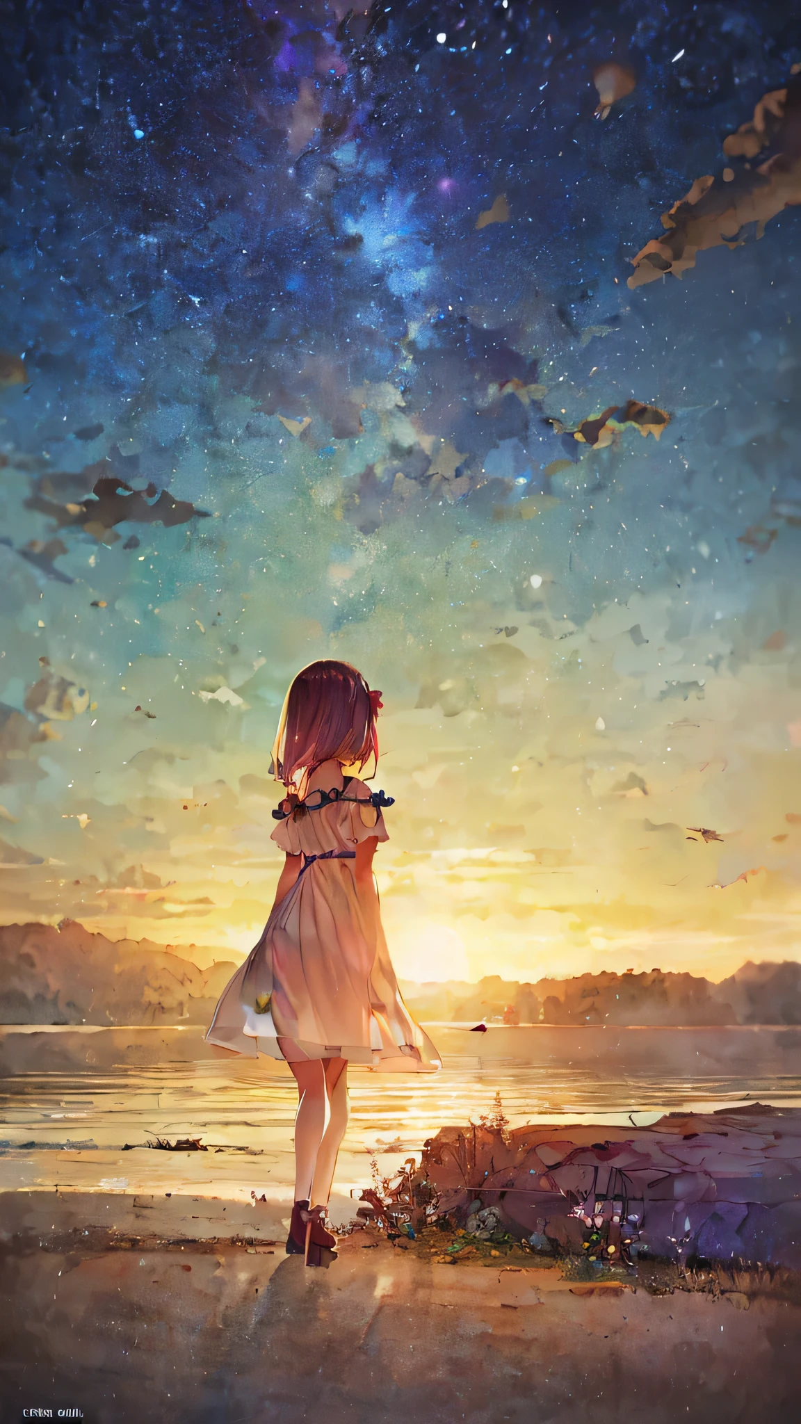 secret:1.4), cosmos field、 (1 girl, alone:1.4), cute,twin tail hair，， (Little:1.6),detailed small breasts, 　 riverbank at dusk、A fantastic pre-beat that embodies a strong wind and flutters cosmic petals.、 ((writing lines transparency best quality best work concept art.))、beautiful illustrations, pastel colour, illustration style, realistic skin feel, realistic material、watercolor painting,