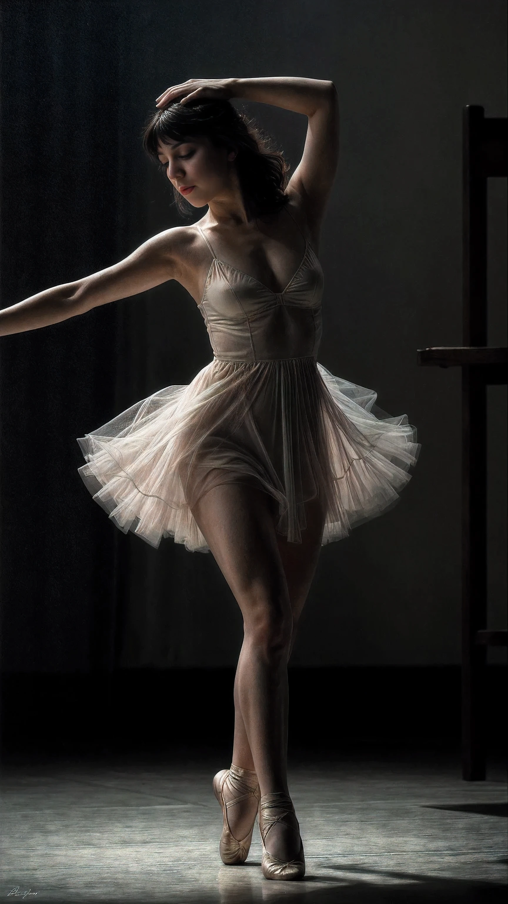 "Inspired by the song 'La Dernière Danse' by French singer-songwriter Indila, this image depicts a solitary figure performing the 'last dance' in a dimly lit, atmospheric setting. The dancer, bathed in a pool of soft, ethereal light, moves with graceful fluidity, their movements conveying a sense of melancholy and longing. The background is shrouded in shadow, adding to the sense of intimacy and introspection. The art style draws inspiration from the works of Edgar Degas and his portrayal of ballet dancers, with a focus on capturing the beauty and emotion of movement. The camera angle is a close-up shot, emphasizing the expressive gestures and facial expressions of the dancer. The image should be rendered with a soft, painterly texture, evoking the mood and emotion of the music. Lighting should be subtle yet evocative, enhancing the atmosphere of the scene."