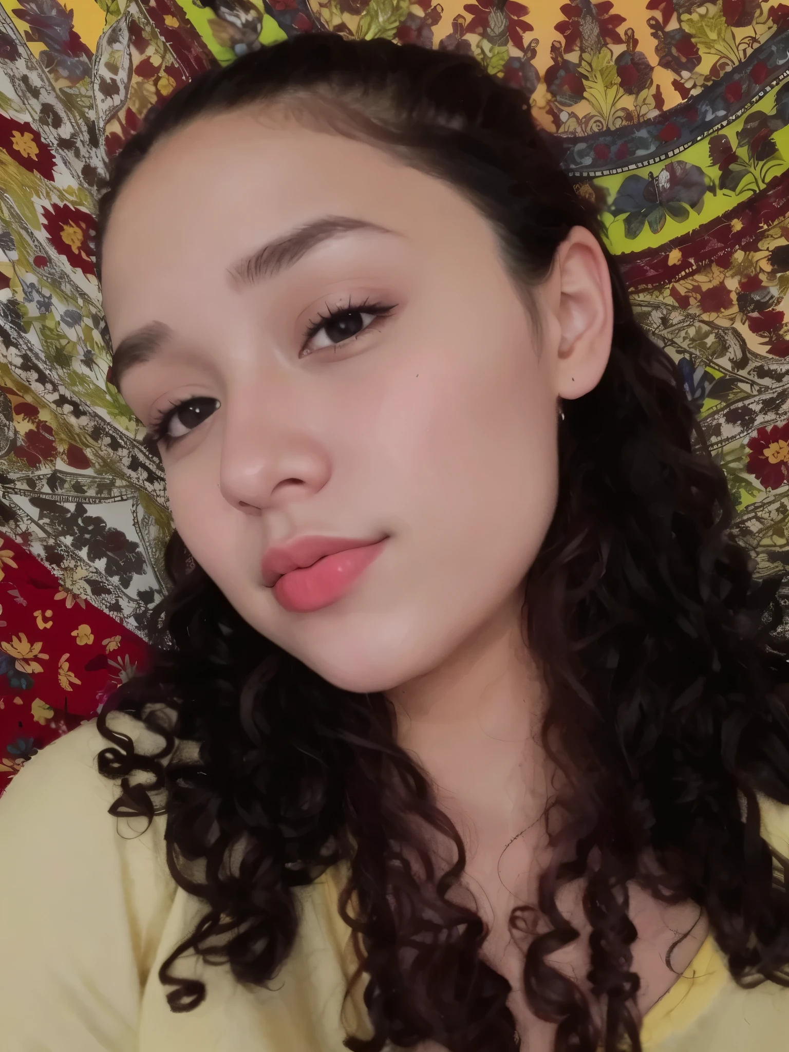Mulher com cabelos cacheados e uma camisa amarela deitada em um cobertor colorido, sem maquiagem cabelo cacheado, em torno de 1 9 anos, imagem de qualidade muito baixa, selfie de uma jovem mulher, taken in the early 2020s, foto de baixa qualidade, seu rosto emoldurado com cachos, detailed flawless face, Face is brightly lit, halfbody headshot