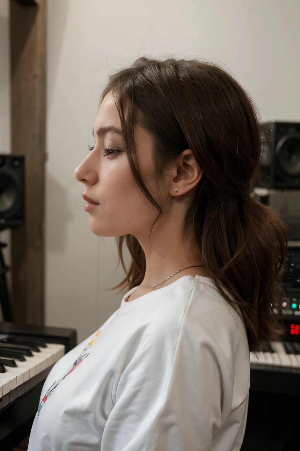 Detailed realistic woman in half profile in music studio wearing sweatshirt