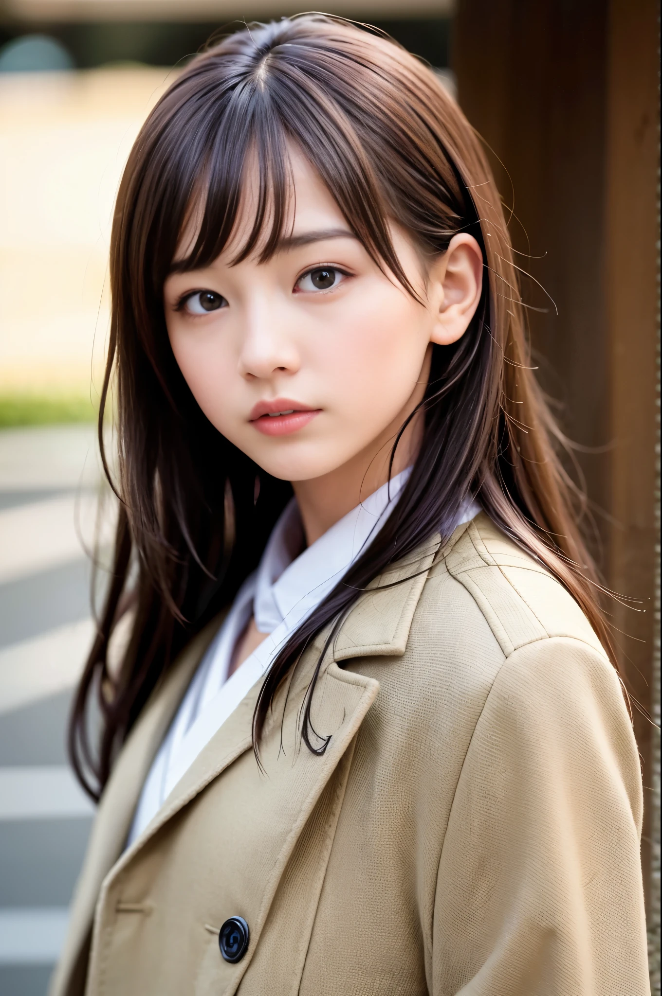  (8K, RAW photo, highest quality, masterpiece:1.3), (realistic, photo-realistic:1.4), (Highly detailed 8K wallpaper), sharp focus, Depth of written boundary,
 japanese idol,very cute, ,(coat:1.3),(long hair :1.3), Upper body, highly detailed face and eyes,((shiny skin:1.2)), cinematic lighting, soft light, blur background, (A city with historical landmarks, such as a castle or a cathedral)