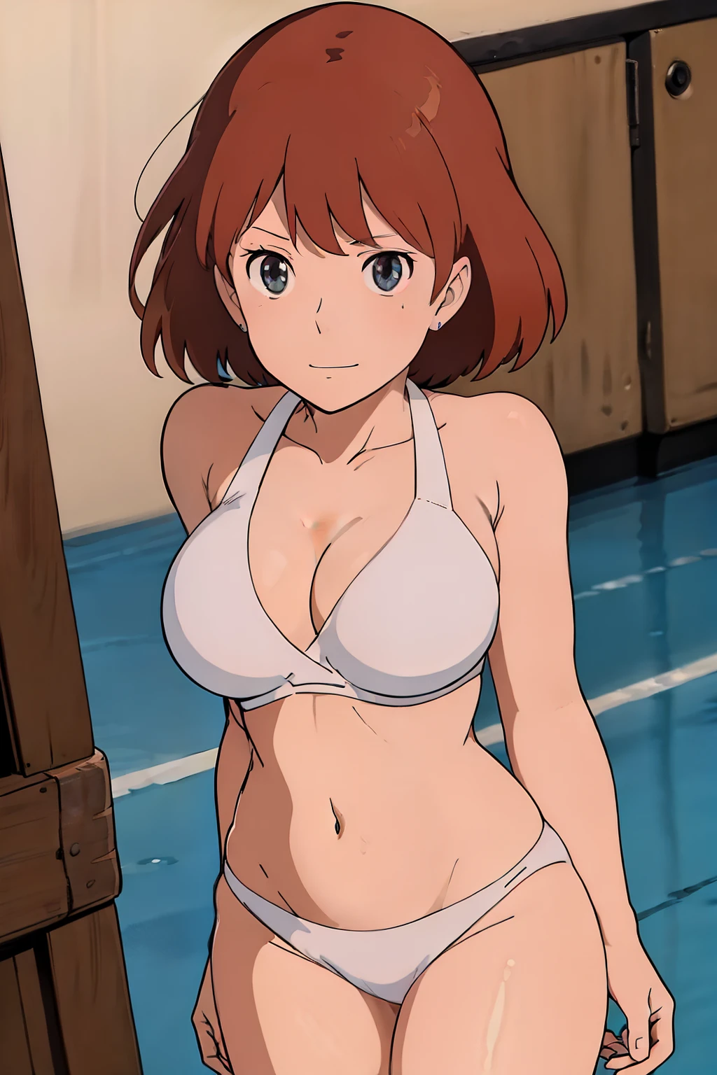 (masterpiece, best quality, high resolution, anime screencap, anime colored, 8k, photorealistic), Nausicaa, ars old, milf, wife, solo, brown hair, sad smile, (looking at viewer), huge breasts, cleavage, (white bikini:1.5), Curvey, cowboy shot, (lake, wet), (perfect detailed anatomy, beautiful detailed face&eyes:1.5, shiny skin, perfect sharp body)