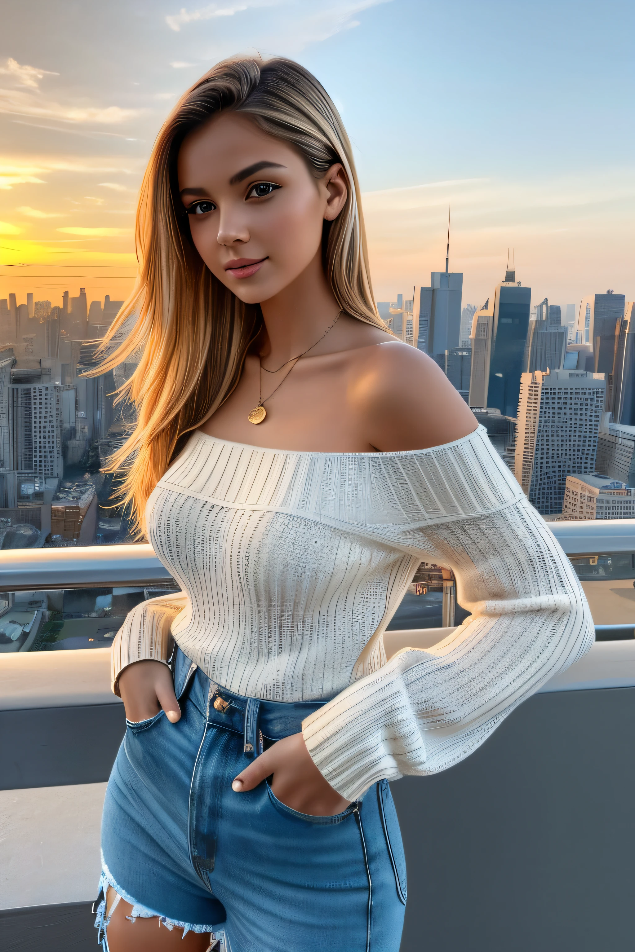 e olhar sedutor, in front of the skyline of a vibrant and colorful city at sunset. The girl is posing confidently with her hands on her hips, exibindo sua cintura fina e figura de ampulheta. it's long, flowing blonde hair cascades down her shoulders, increasing your allure. She is wearing a tight, off-the-shoulder sweater that accentuates her ample cleavage and reveals her bare shoulders... The sweater is elegantly paired with a necklace that shines in the warm sunlight.. Your brown eyes are captivating and full of depth, atraindo o espectador para seu olhar. The overall image is rendered in a realistic style, with exceptional attention to detail and focus on enhancing the girl&#39;s natural beauty. The colors are bright and vibrant, improving the energetic atmosphere of the cityscape in the background. The lighting is soft and warm, casting a soft glow on the girl&#39;s face and highlighting her features. The composition of the entire scene is carefully crafted to create a seductive and seductive environment that captivates the viewer&#39;s attention...
