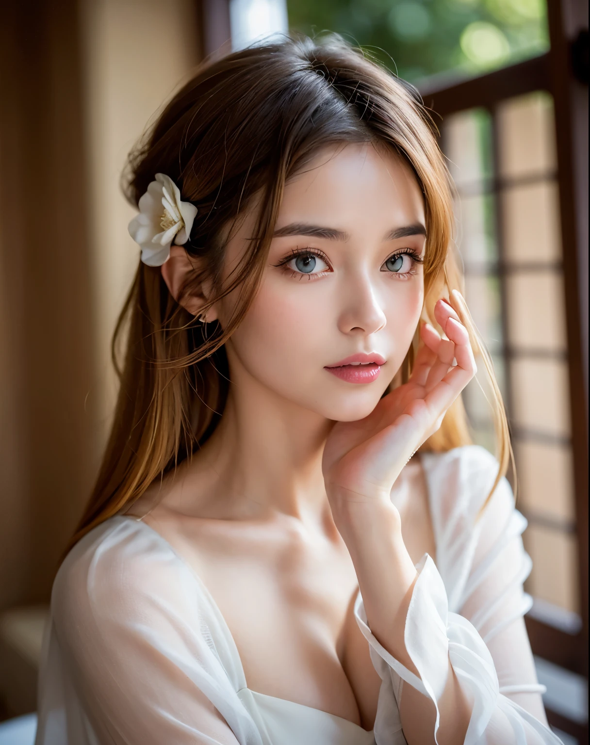 meilleure qualité, Mise au point du visage, Lumière douce, ultra haute résolution, (photoréaliste:1.4), Photo brute,
1Fille japonaise, Seulement, mignon, (Élève, Lumières dans les yeux),  beau visage détaillé, (),(Détail haute résolution de la texture de la peau humaine),
(Cheveux longs),
intérieur,
Robe chemise damassé,
(portrait)