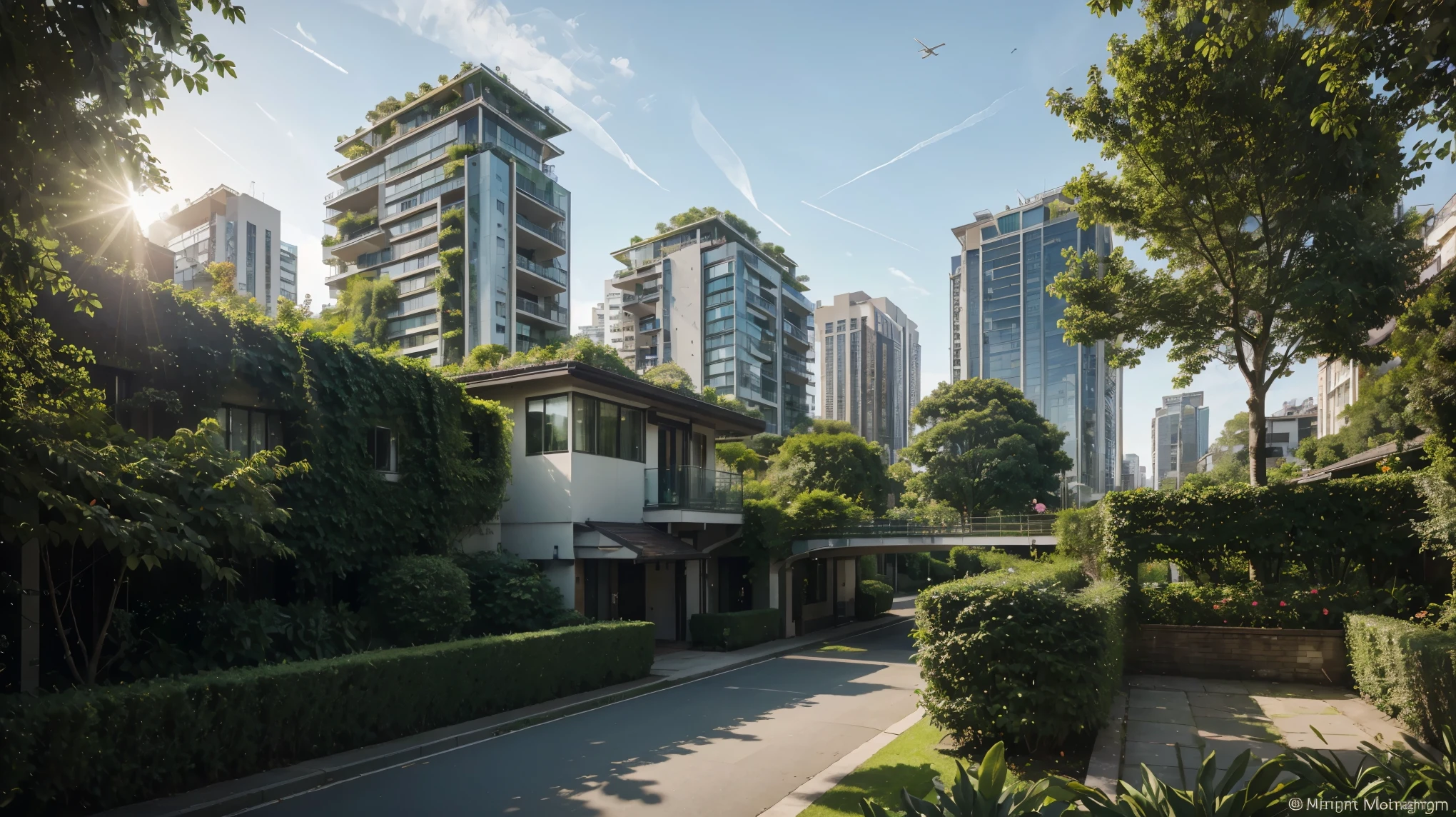masterpiece, high definition, 16K UHD, green cityscape, lush vegetation, meticulously maintained gardens, towering trees, sunlight filtering through leaves, crystal-clear blue sky, multistory buildings, innovative modern architecture, people strolling on streets wearing vibrant colors, birds gracefully flying overhead, sustainable energy sources, solar panels integrated into buildings, wind turbines gracefully turning, a stunning work of art, depicting a harmonious blend of nature and urban advancement.