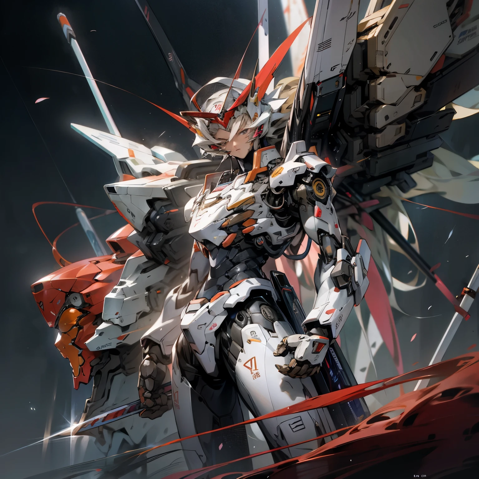 Mecha angel boy, quadratic element， evangelionmecha， scientific fiction， looki at viewer， （offcial art， best qualtiy， tmasterpiece： 1.2）， illustration， A high resolution， beautiful abstract background， A futuristic， Manhwa Style,mechs，handheldweapons，lightsabers，depth of fields，wide angles，