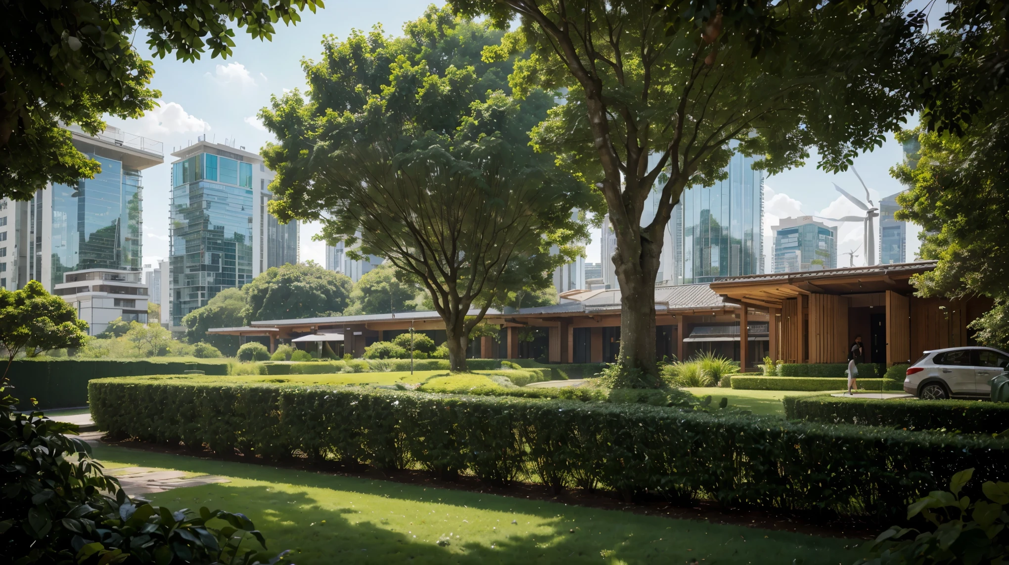 masterpiece, high definition, 16K UHD, green cityscape, lush vegetation, meticulously maintained gardens, towering trees, sunlight filtering through leaves, crystal-clear blue sky, multistory buildings, innovative modern architecture, people strolling on streets wearing vibrant colors, birds gracefully flying overhead, sustainable energy sources, solar panels integrated into buildings, wind turbines gracefully turning, a stunning work of art, depicting a harmonious blend of nature and urban advancement.