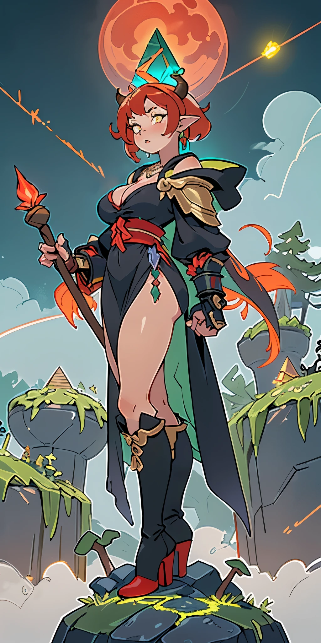 short red hair,dark green eyes ,elf ears,4 earings in each ear, pyramid necklace , athletic body, large D-cup breasts ,firm cleavage,big pouty red lips,bright yellow halo,devil horns,black knee high boots,dark blue robe with black trim hooded,magic staff with a glowing sphere on the top that grows,pyramid temple,stone obelisk, night time,full moon,clouds in sky,lightning flashing, a large round stone gate vertical standing with symbols carved on it,bridges,archways,giant plant's and trees,giant ferns,mushrooms,vines,flying robots,power gauntlets with glowing power gem and electronics and wires connected from the back looking over shoulder, foggy,intricate details